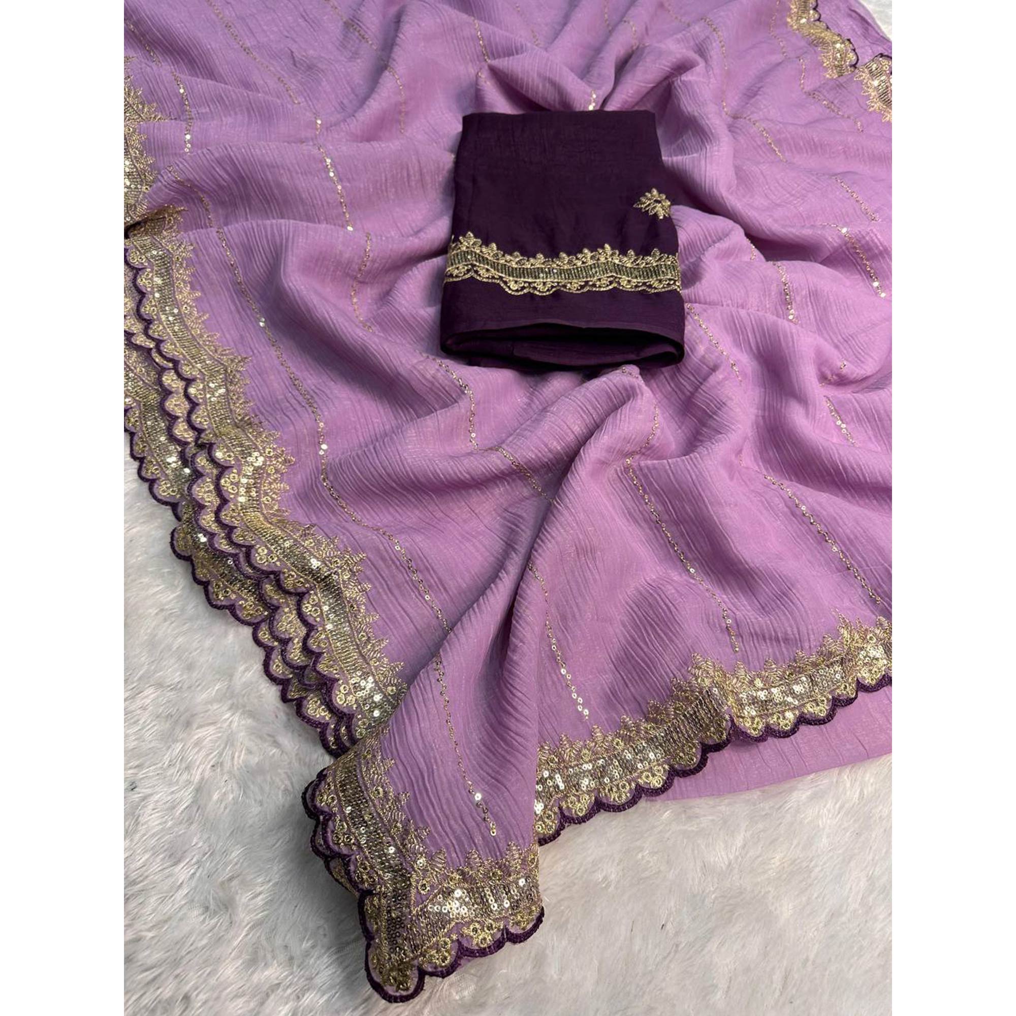 Purple Sequins Embroidered Tussar silk Saree