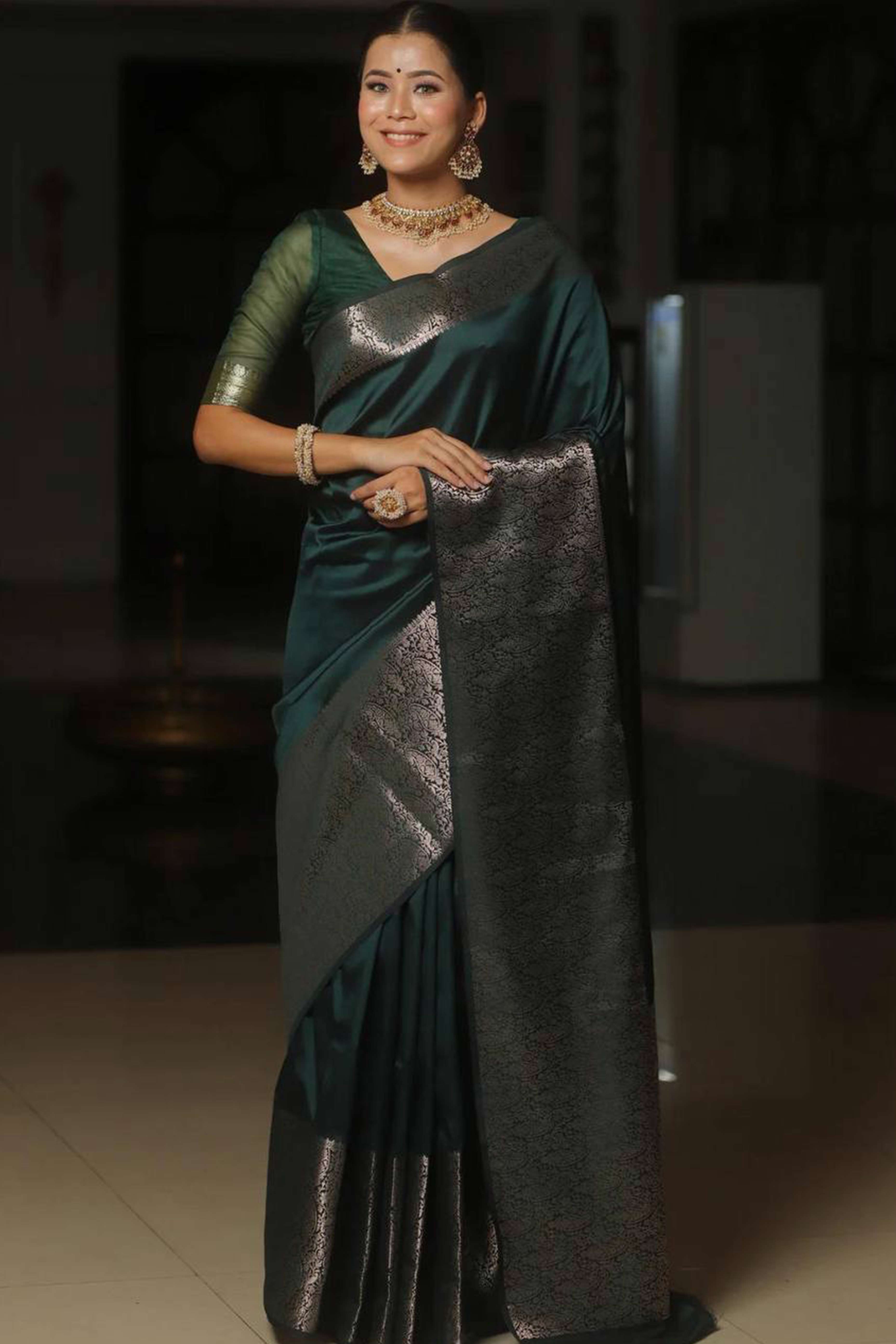 Green Floral Woven Border Lichi Banarasi Silk Saree