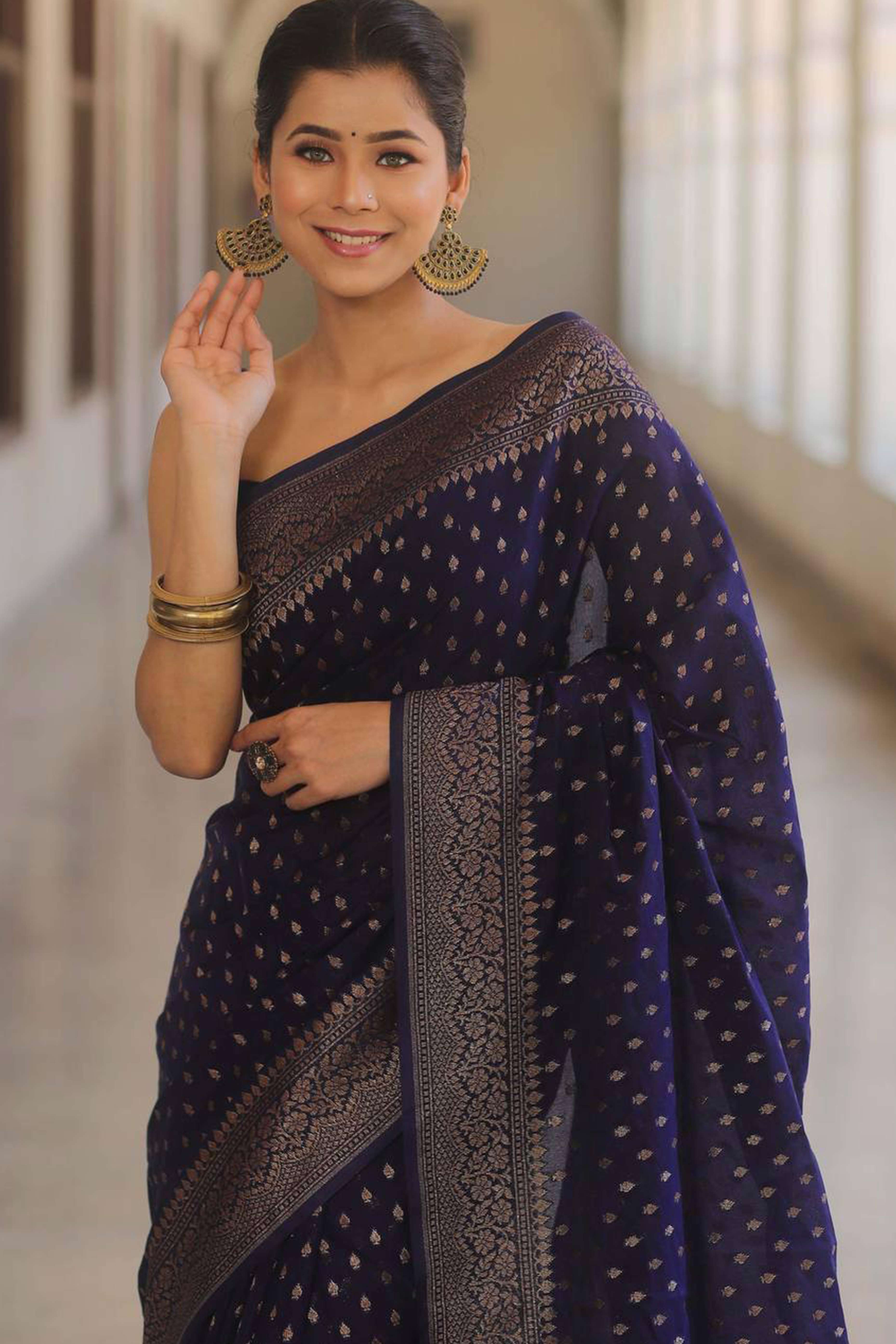Navy Blue Floral Woven Lichi Banarasi Silk Saree