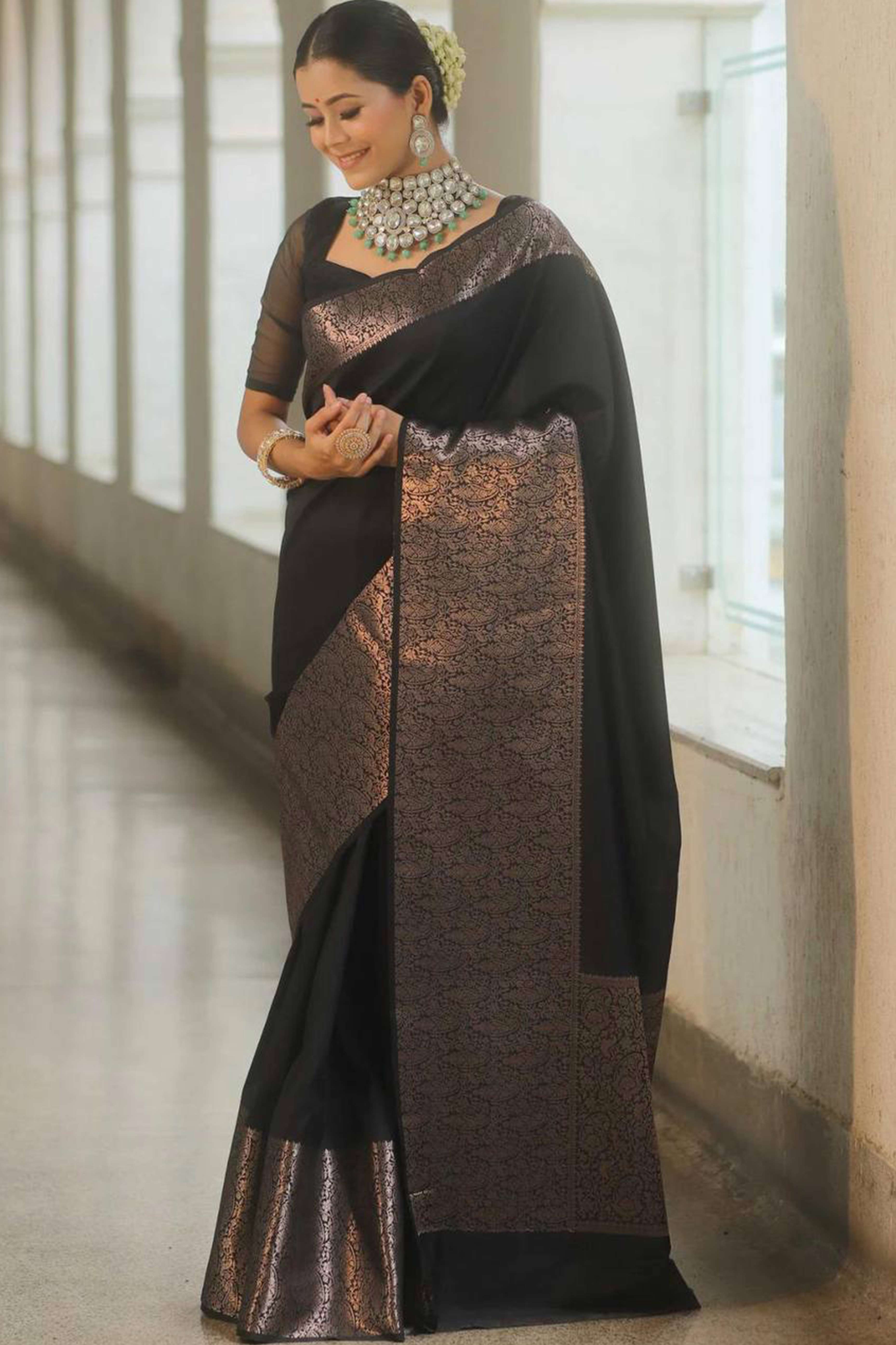 Black Floral Woven Border Lichi Banarasi Silk Saree