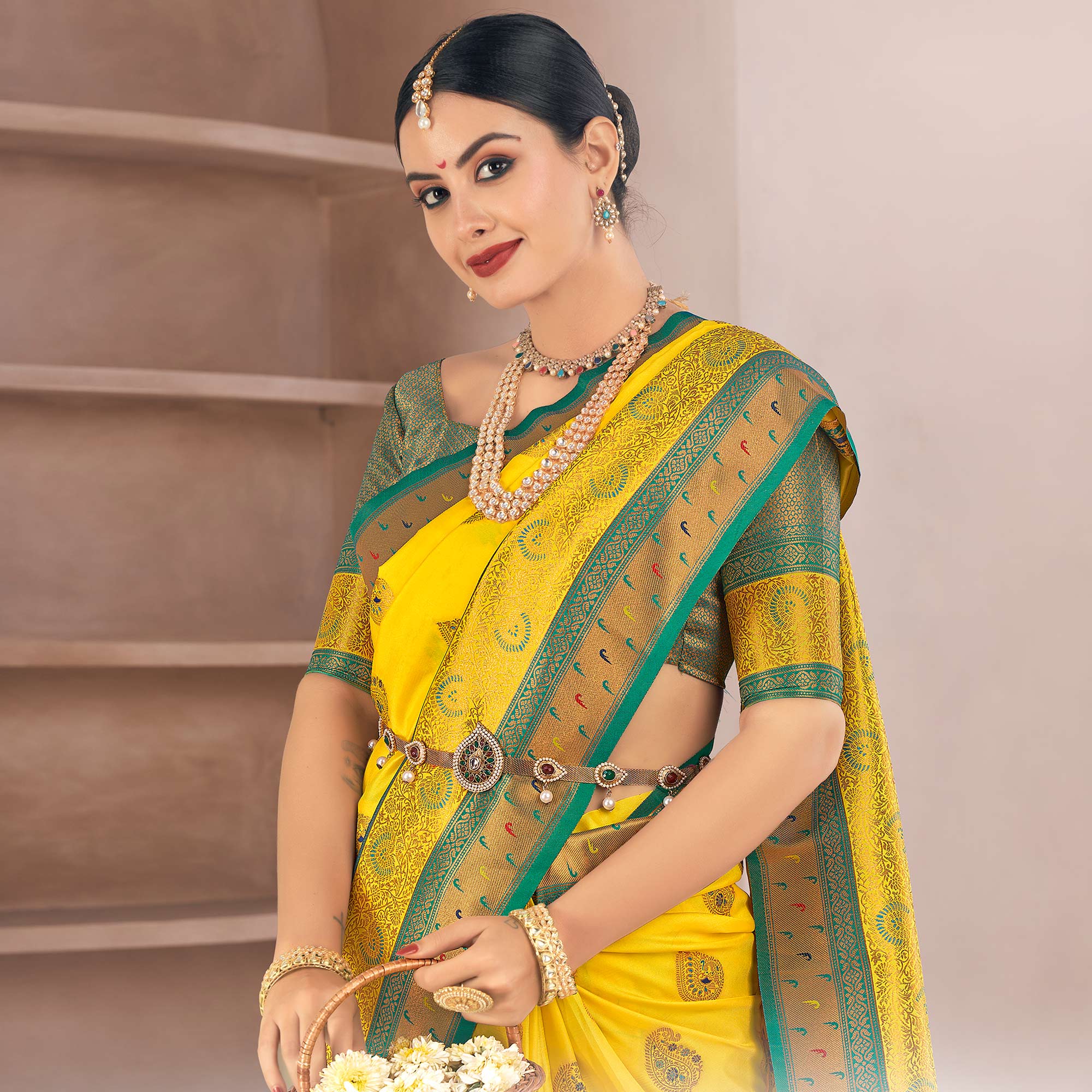 Yellow Woven Pure Silk Saree With Tassels