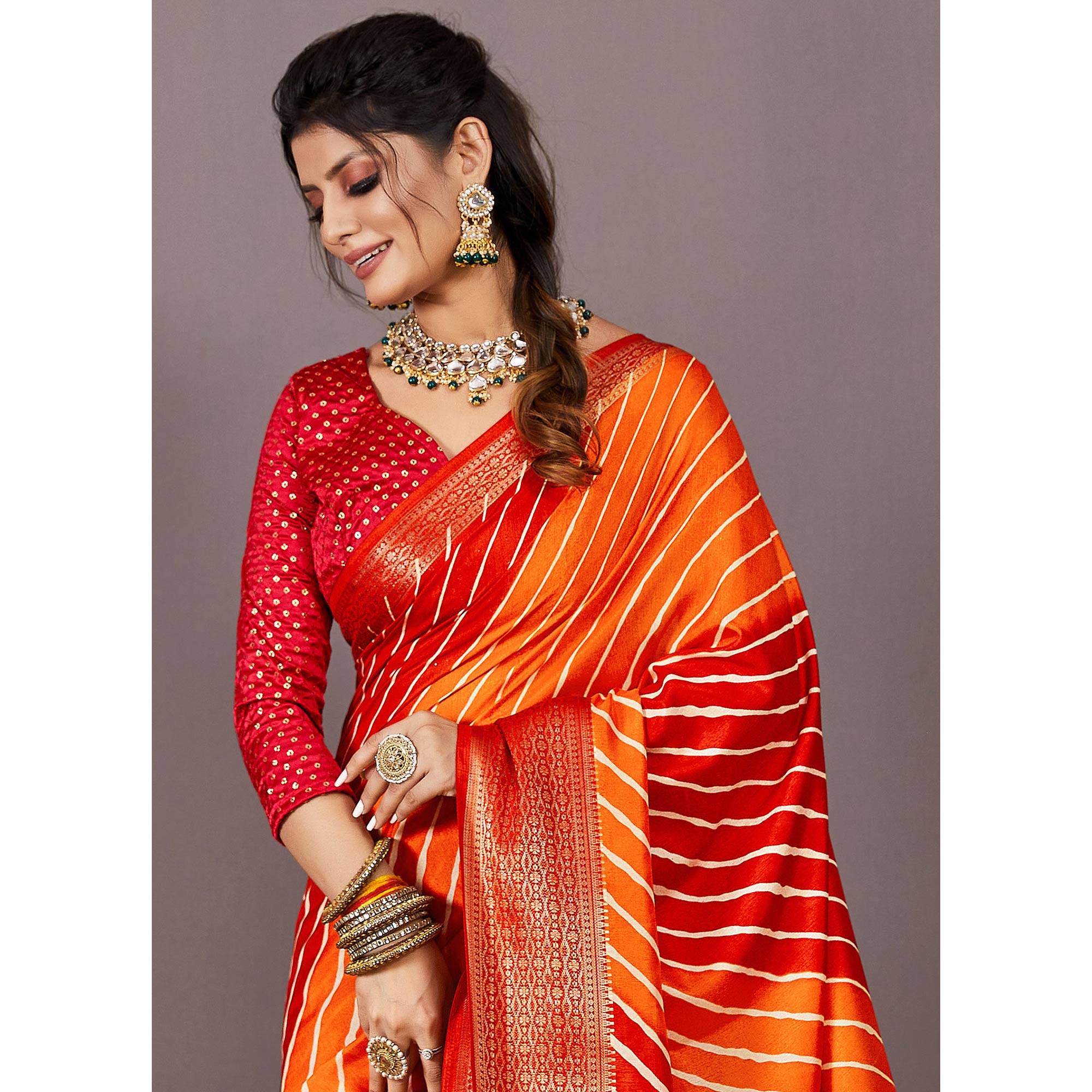 Red & Orange Printed Dola Silk Saree With Zari Border