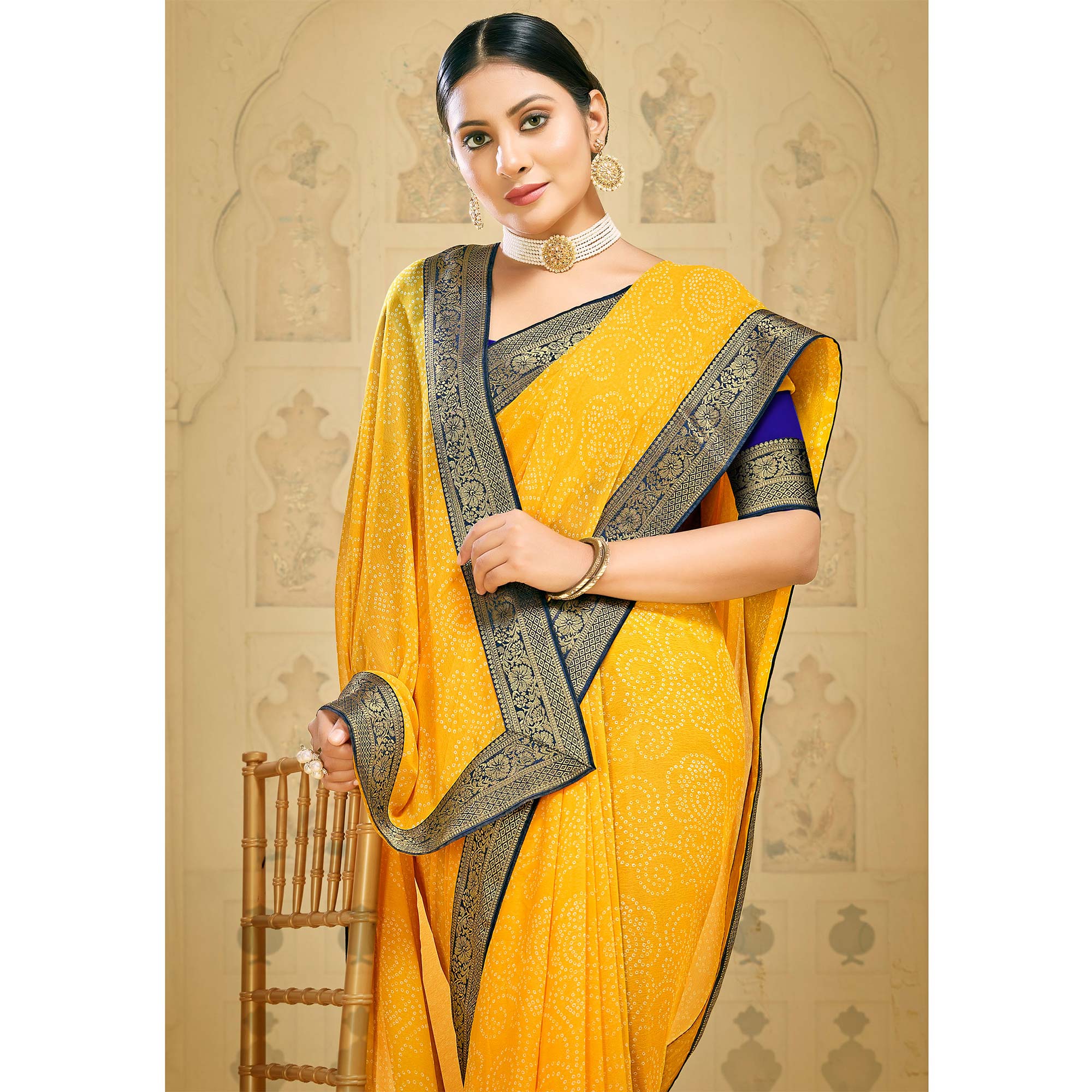 Yellow Bandhani Printed Georgette Saree