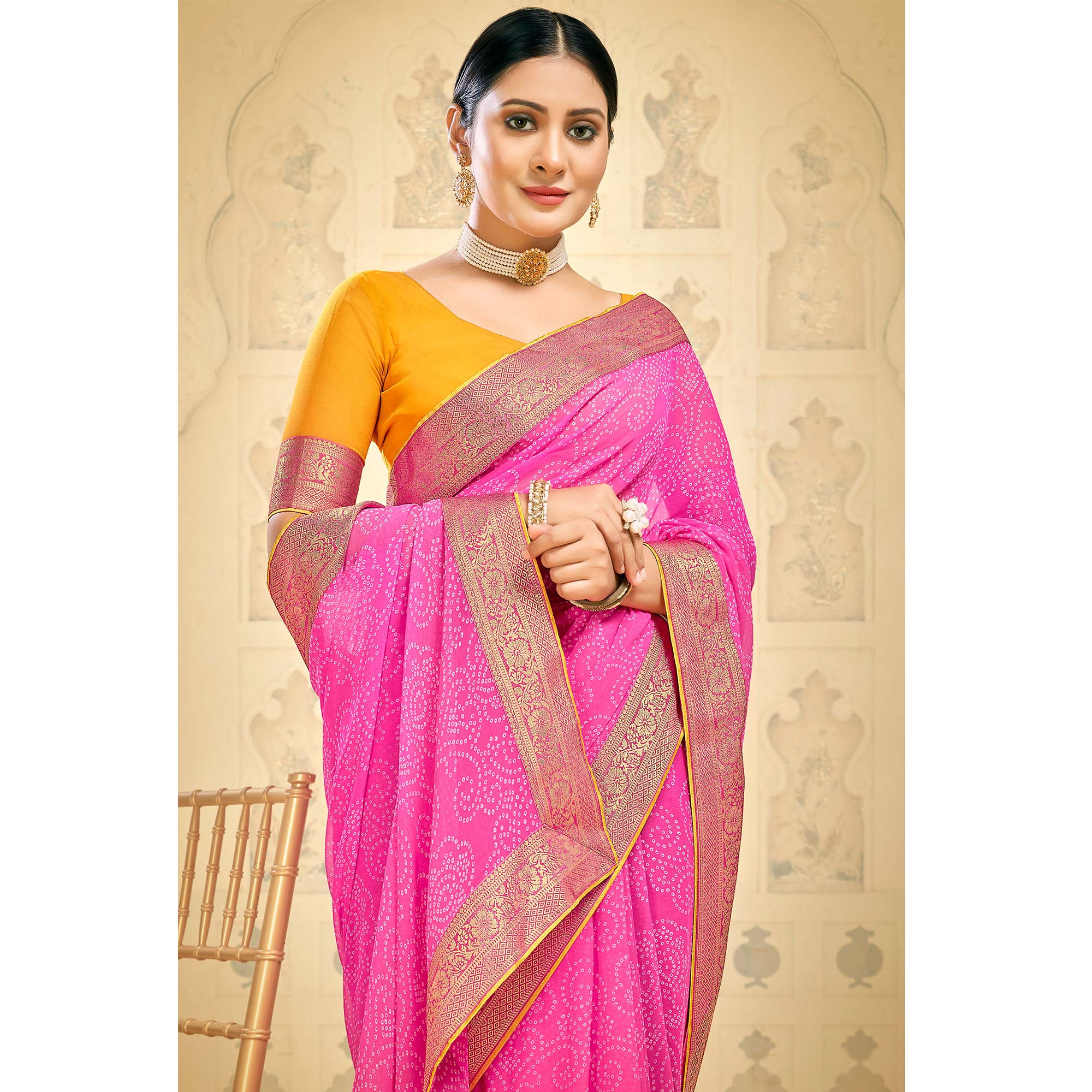 Pink Bandhani Printed Georgette Saree