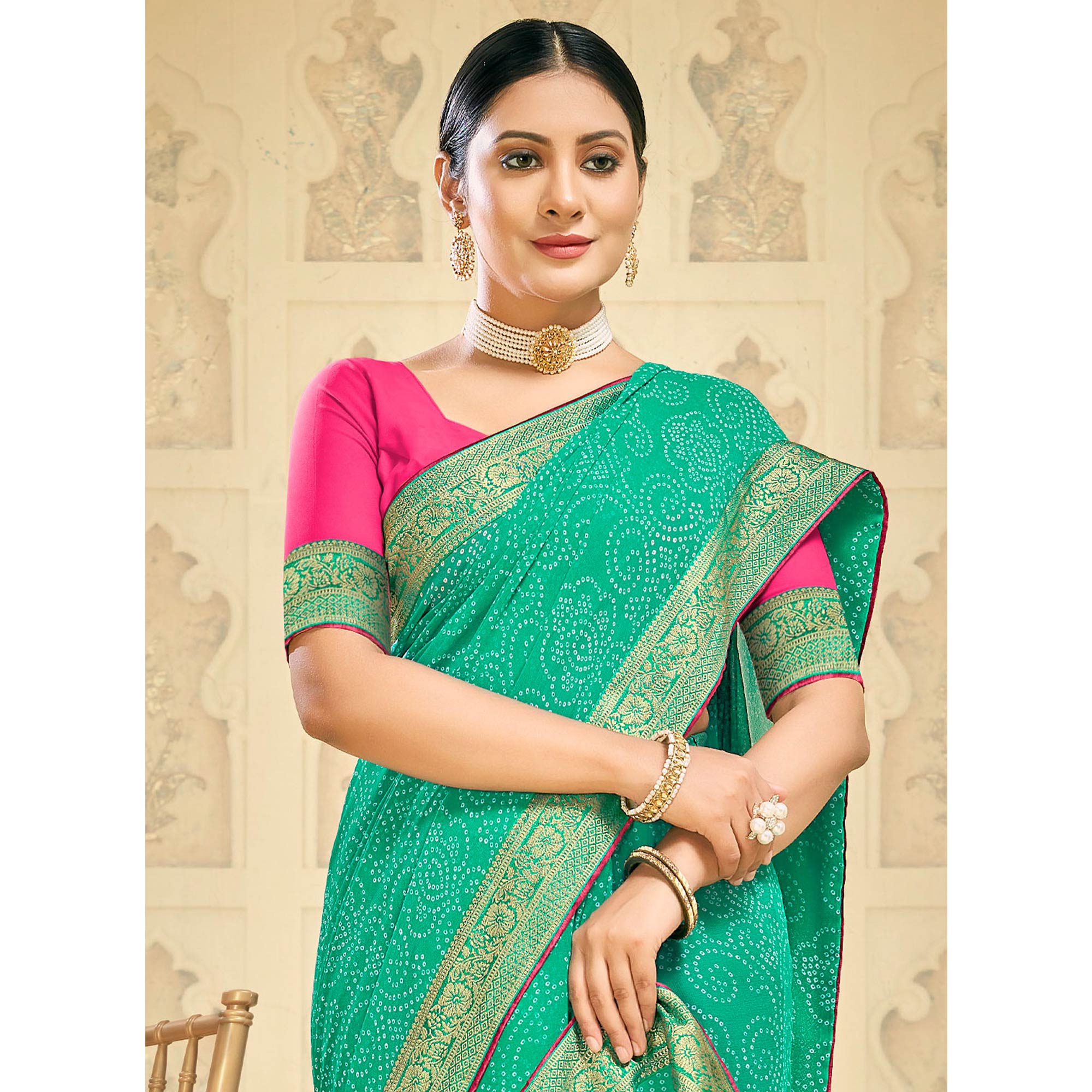 Green Bandhani Printed Georgette Saree