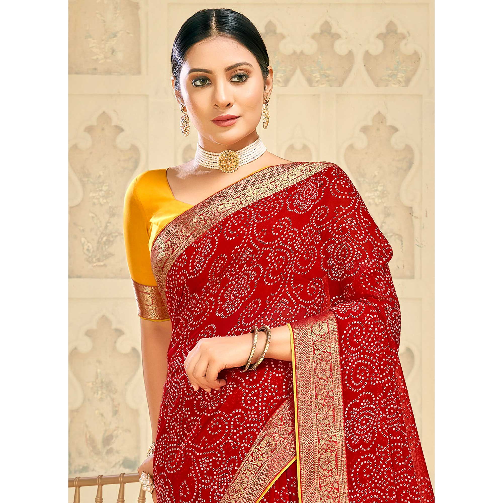 Red Bandhani Printed Georgette Saree