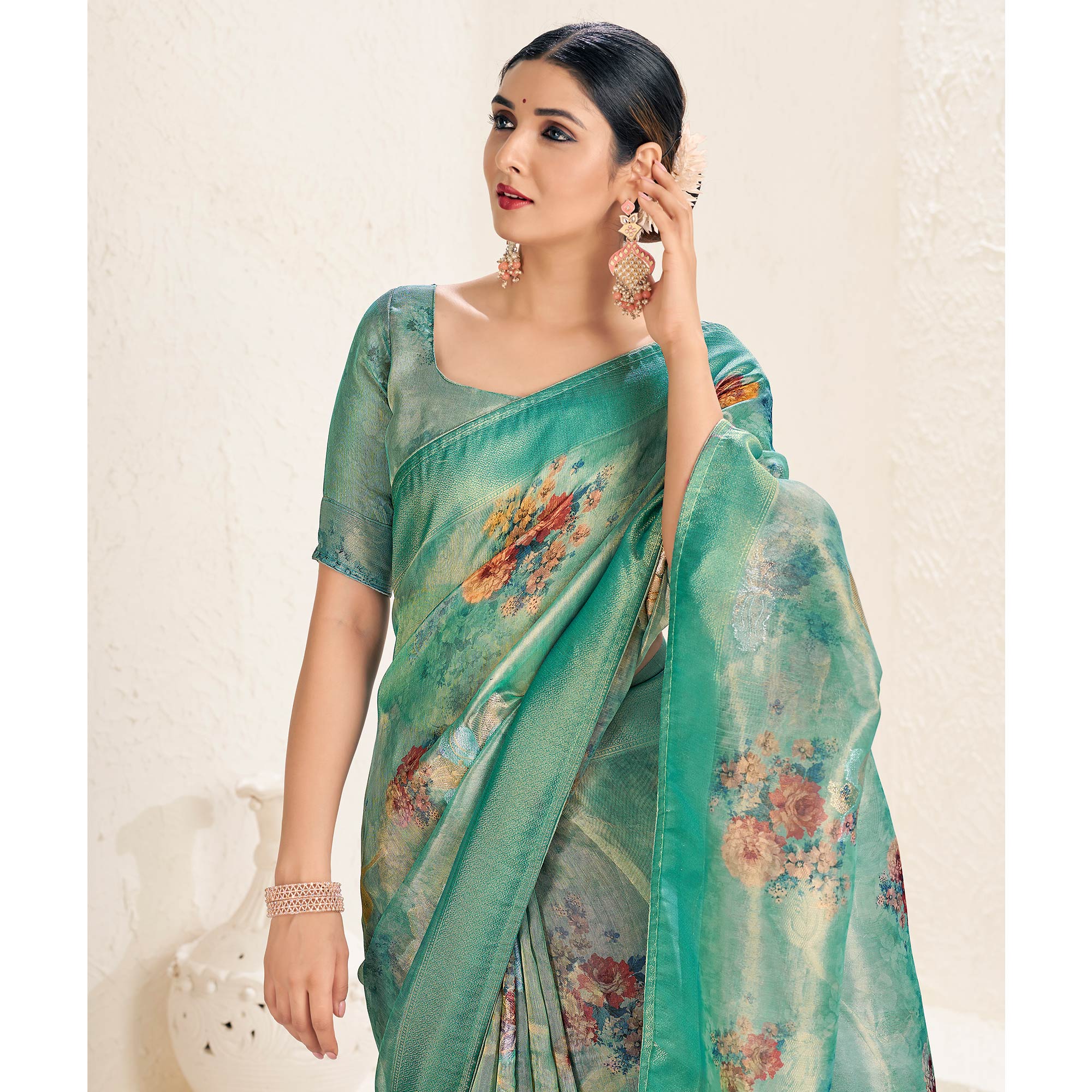 Sea Green Floral Digital Printed Tissue Saree With Tassels