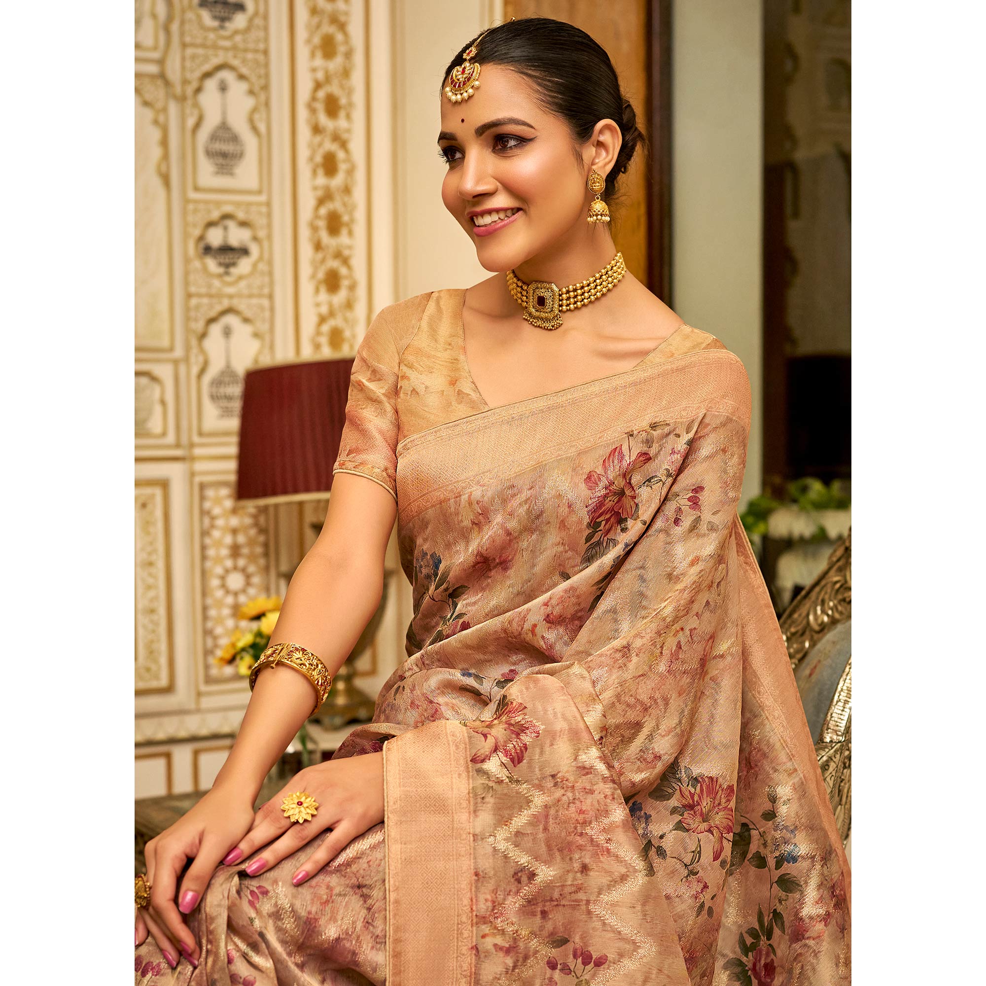 Beige Floral Digital Printed Tissue Saree With Tassels