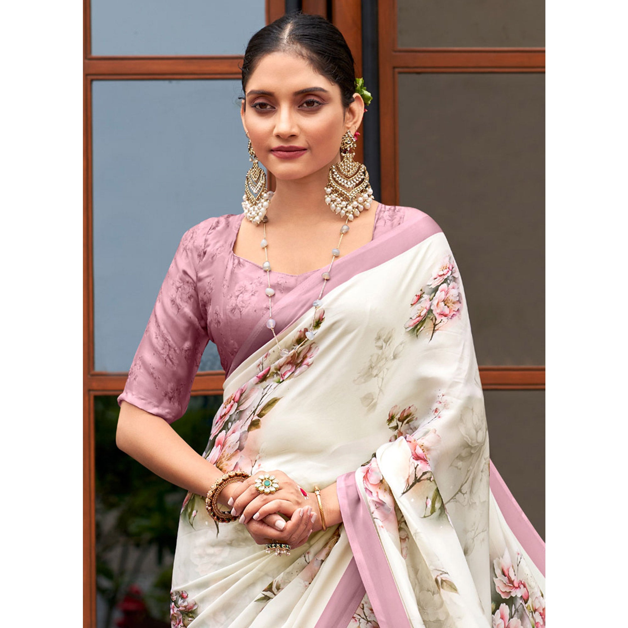 White Floral Digital Printed Satin Saree