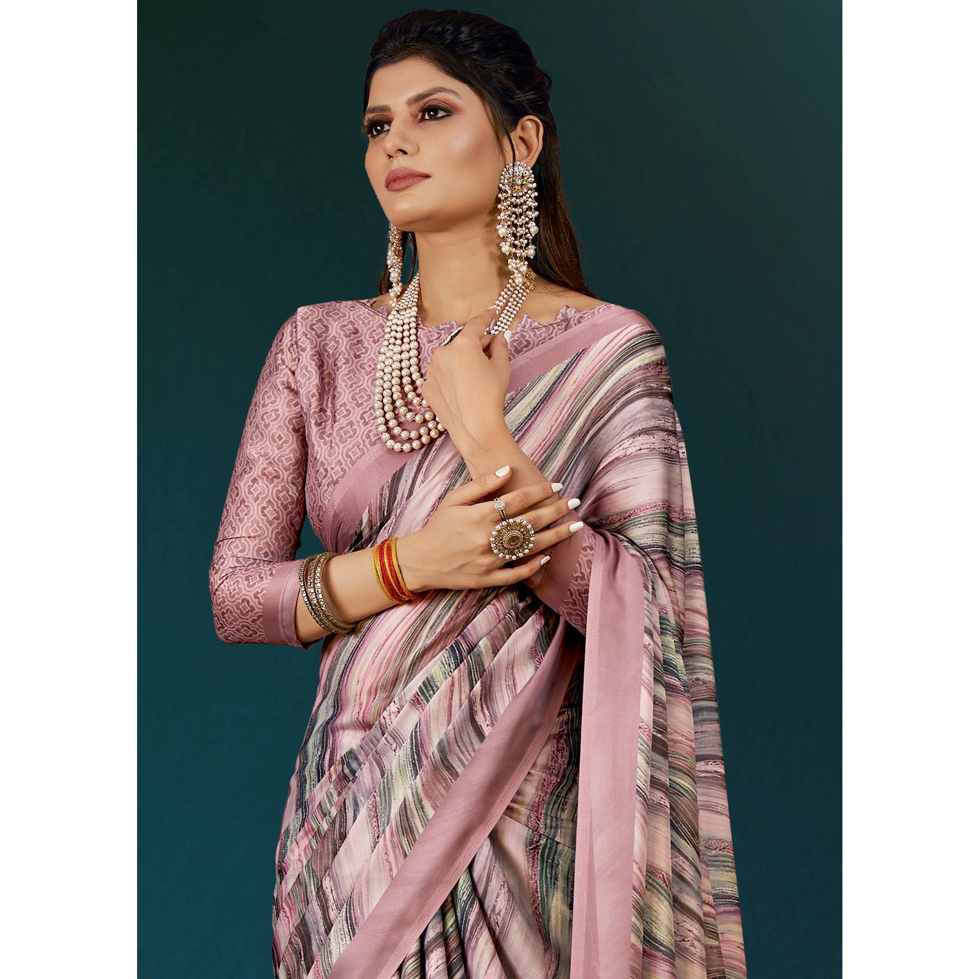 Dusty Pink Digital Printed Satin Saree