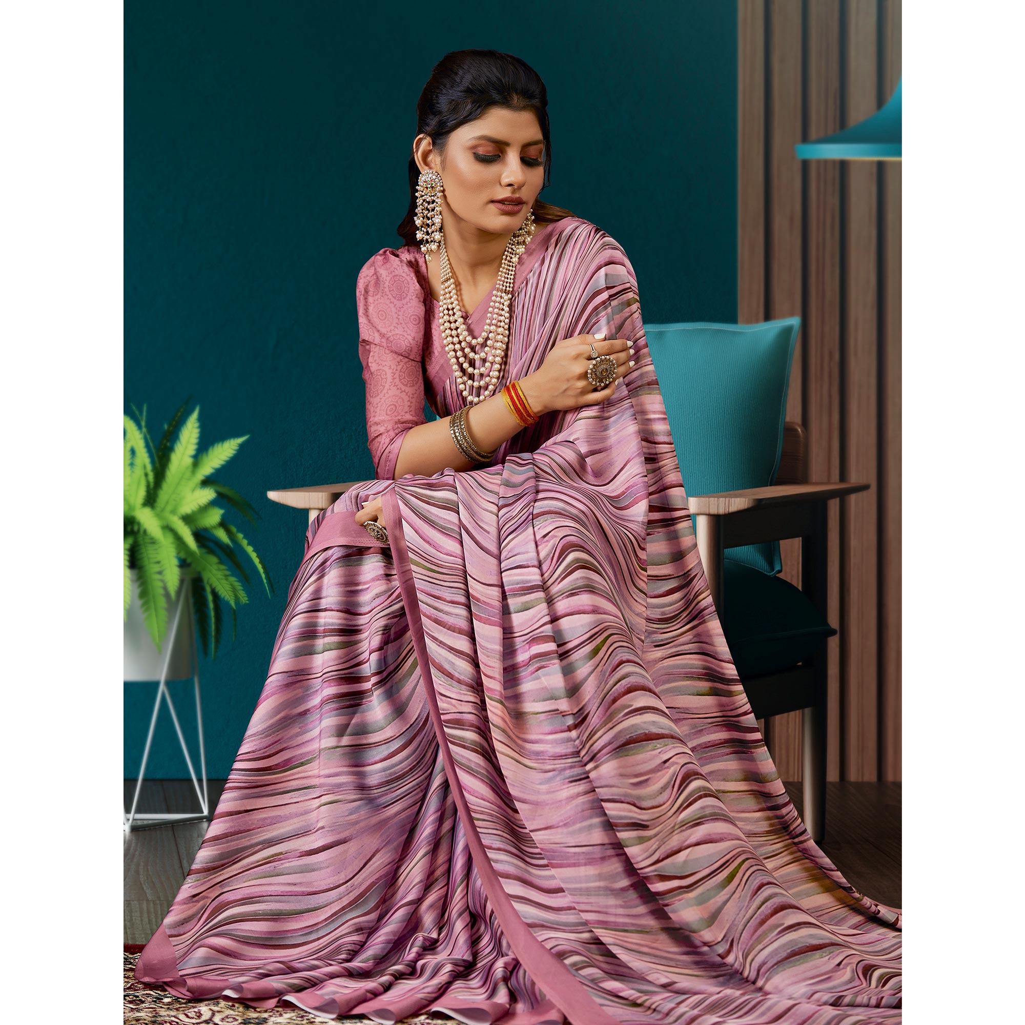 Mauve  Digital Printed Satin Saree