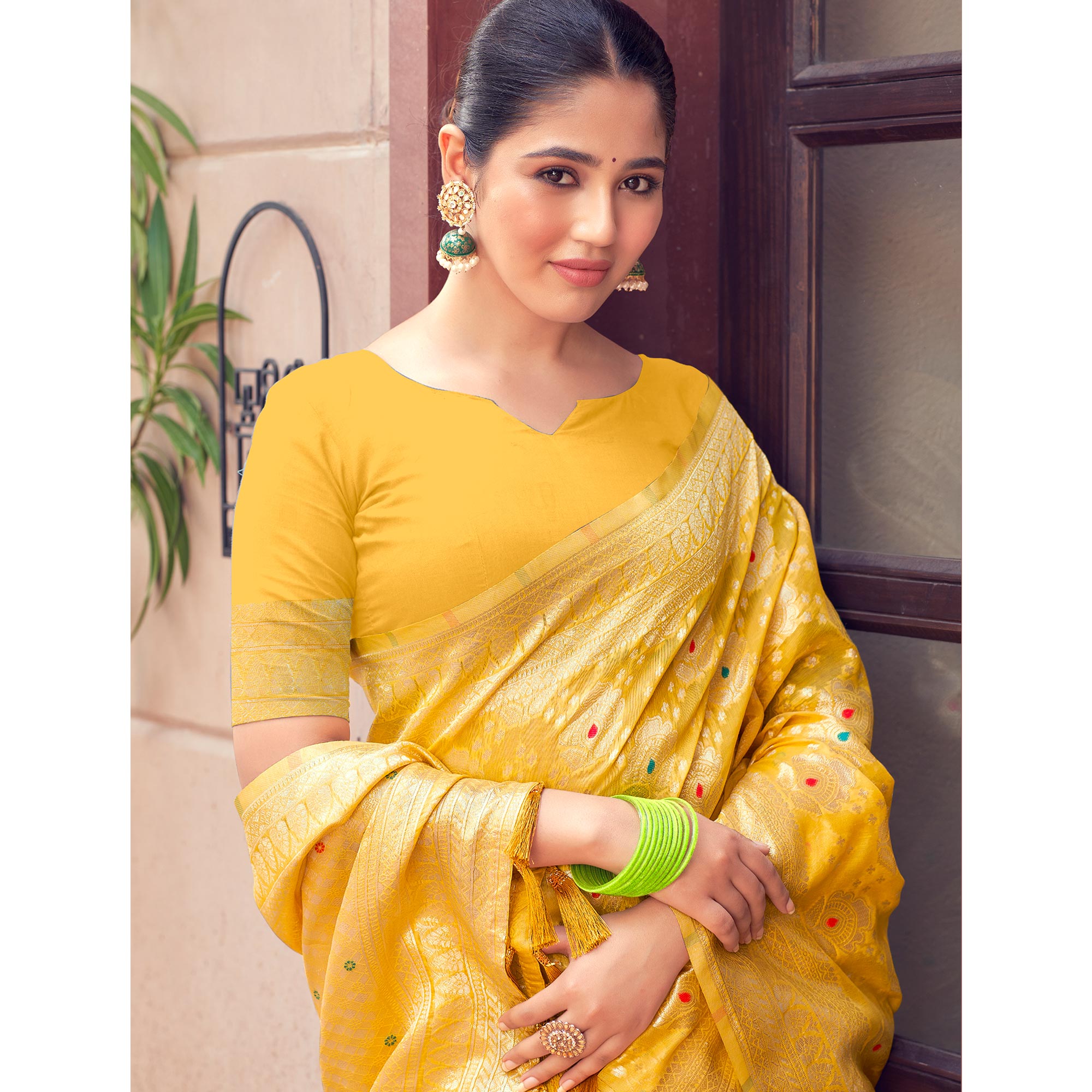 Yellow Woven Cotton Silk Saree With Tassels