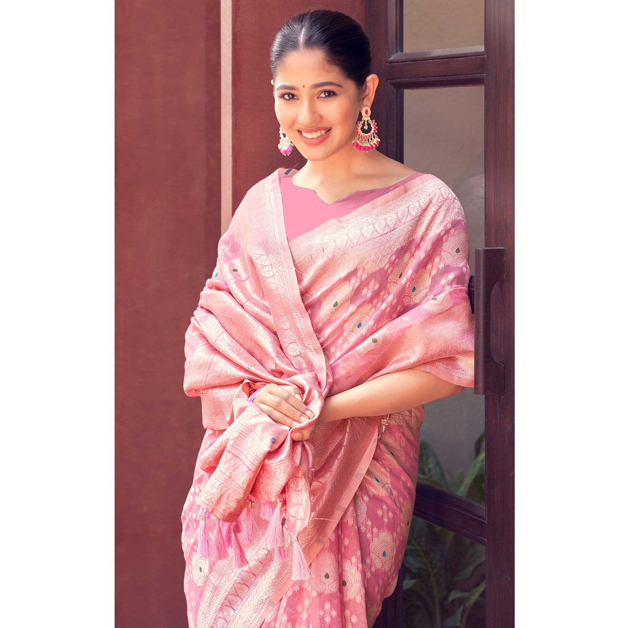 Pink Woven Cotton Silk Saree With Tassels