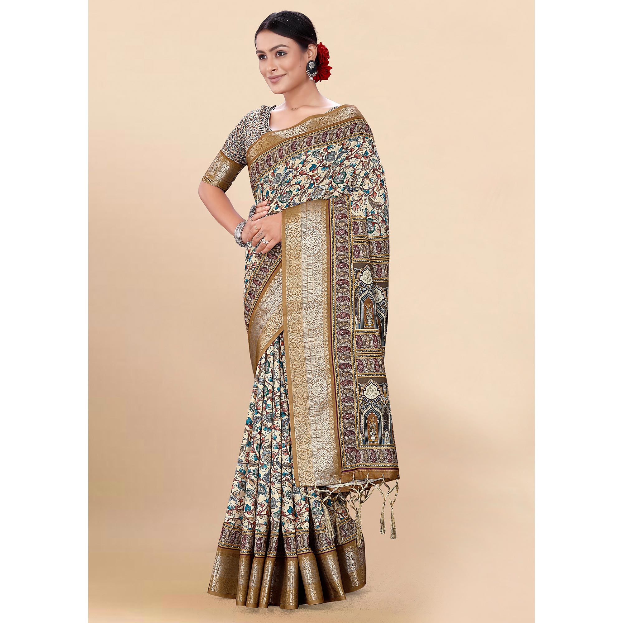 Cream Floral Digital Printed Pure Cotton Saree