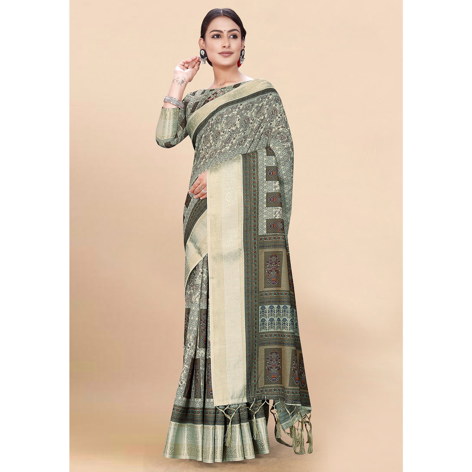 Light Green Floral Digital Printed Pure Cotton Saree