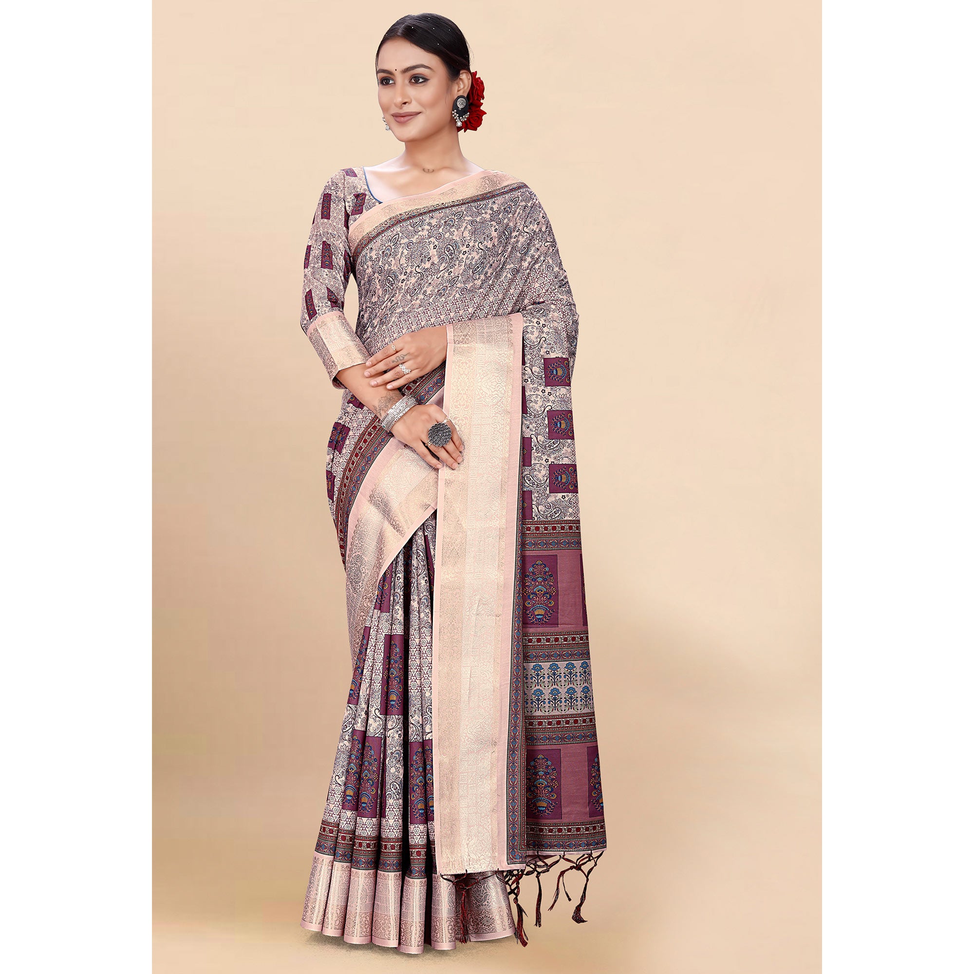 Light Pink Floral Digital Printed Pure Cotton Saree