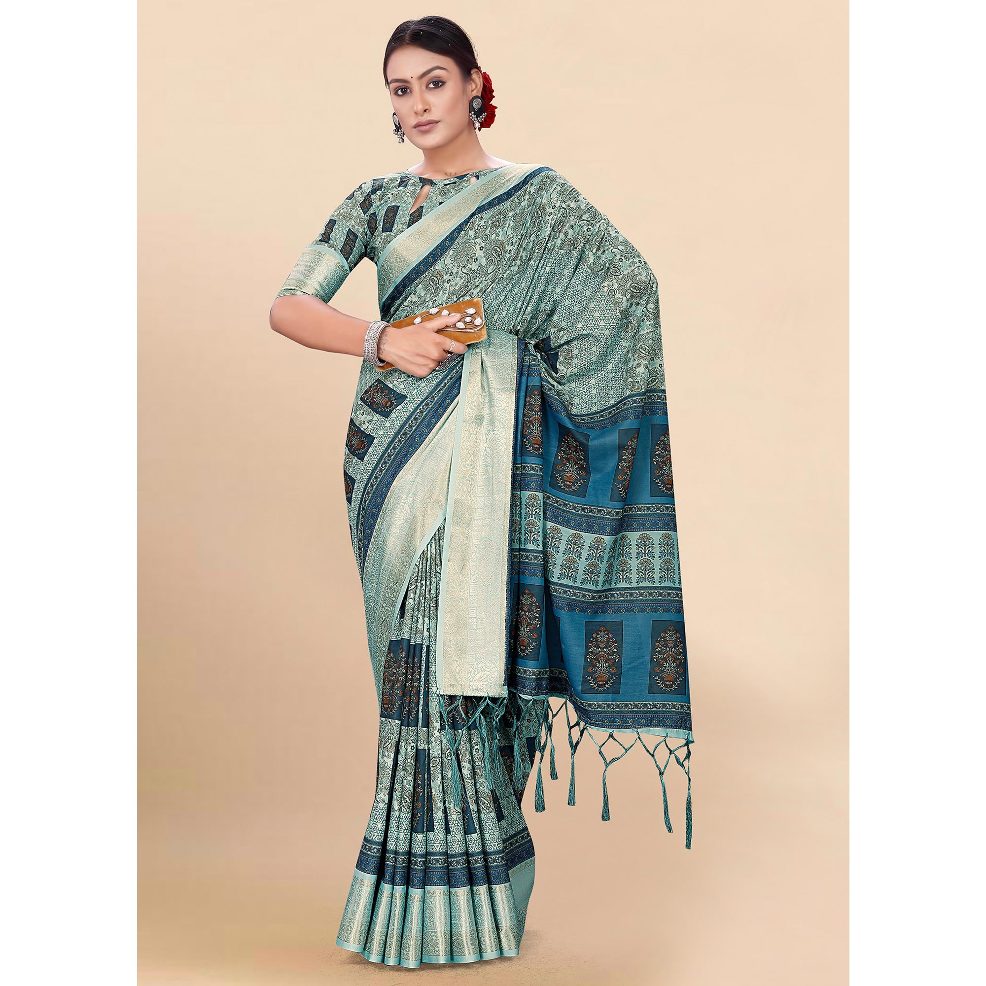 Light Pista Green Floral Digital Printed Pure Cotton Saree