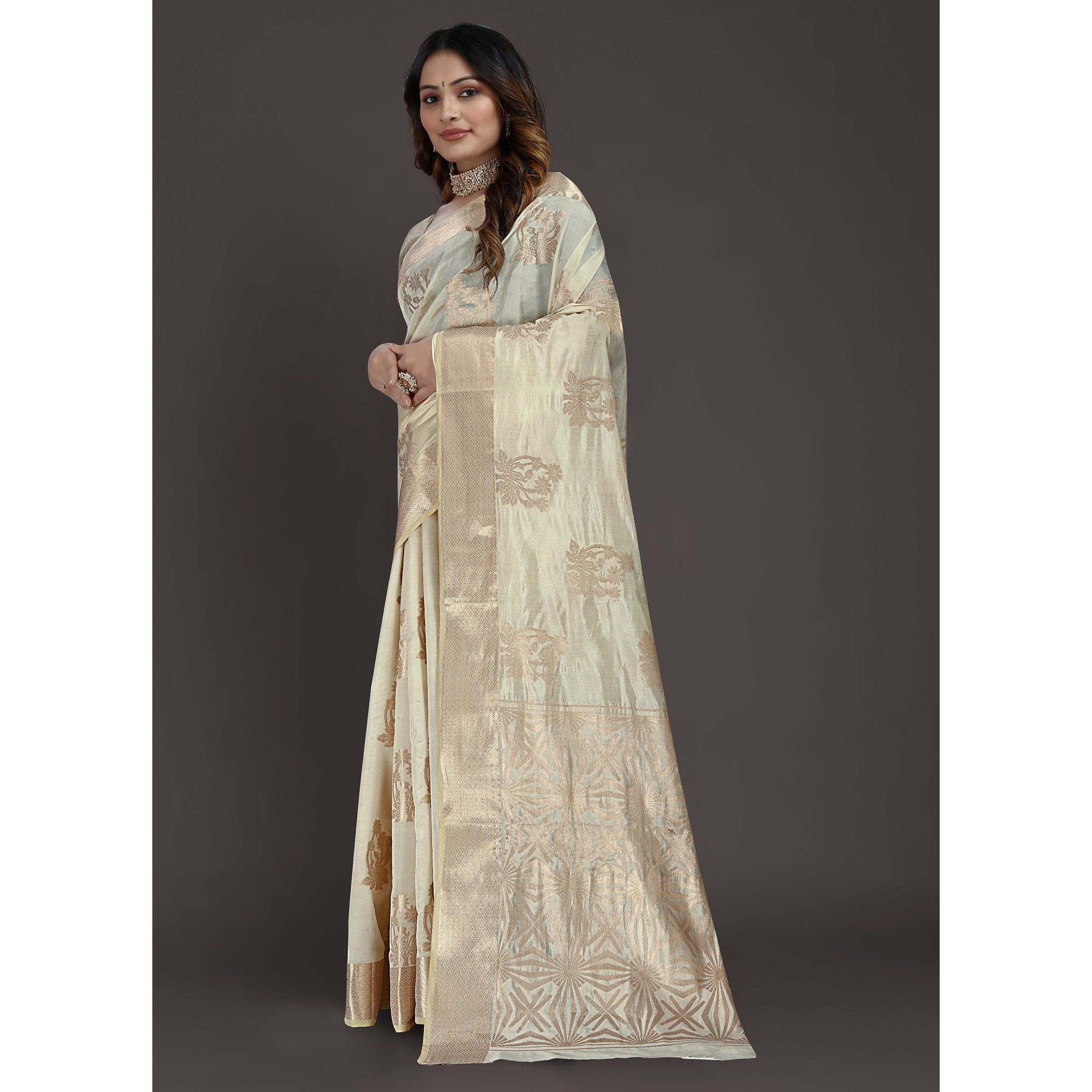 Cream Floral Woven Raw Silk Saree