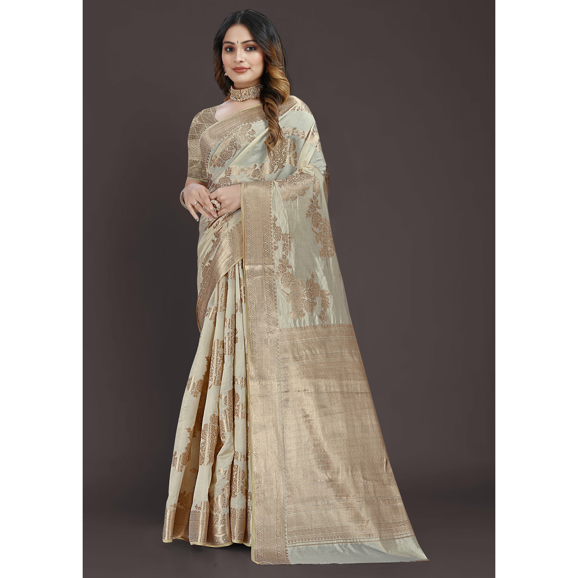 Cream Floral Woven Raw Silk Saree