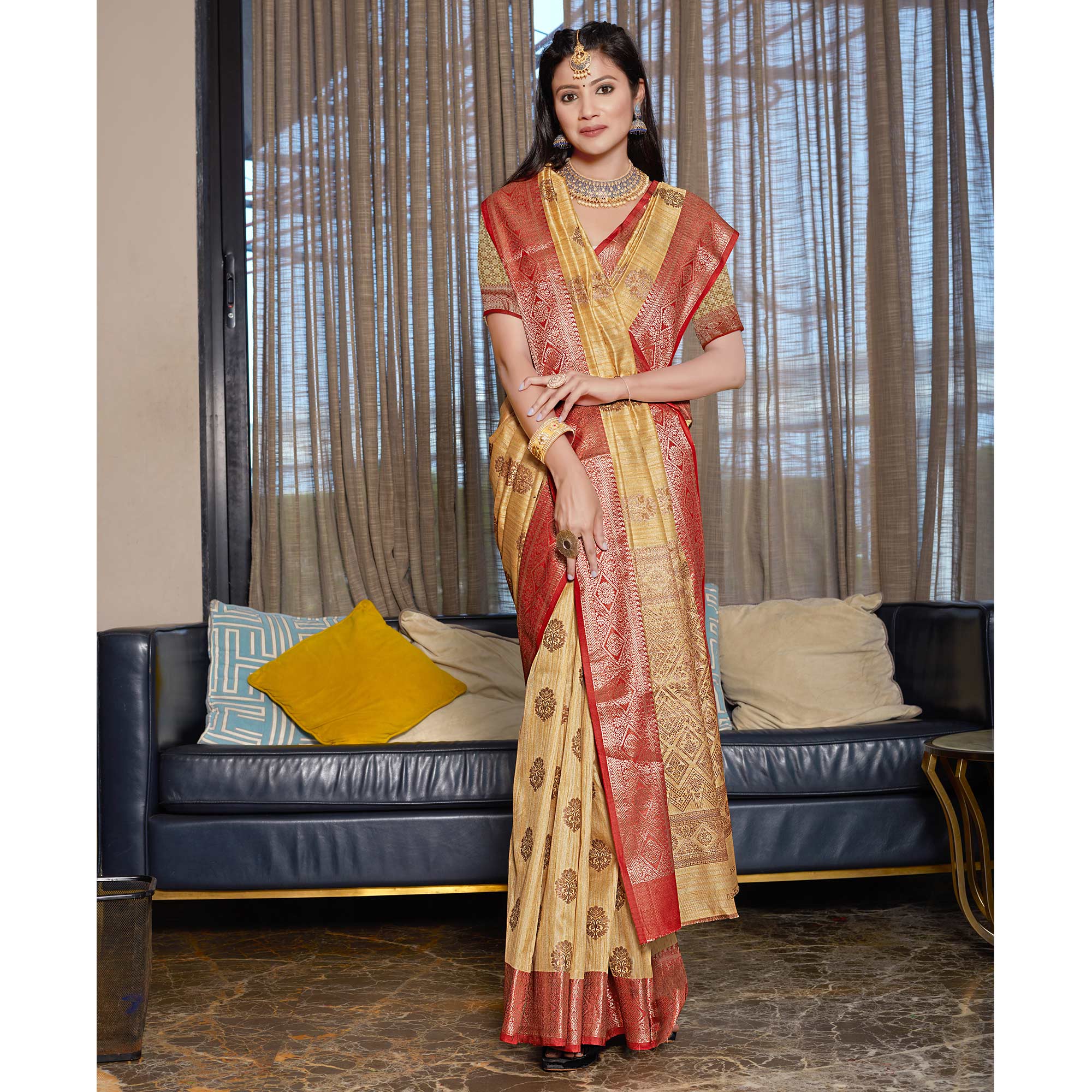 Chikoo Floral Woven Cotton Blend Saree