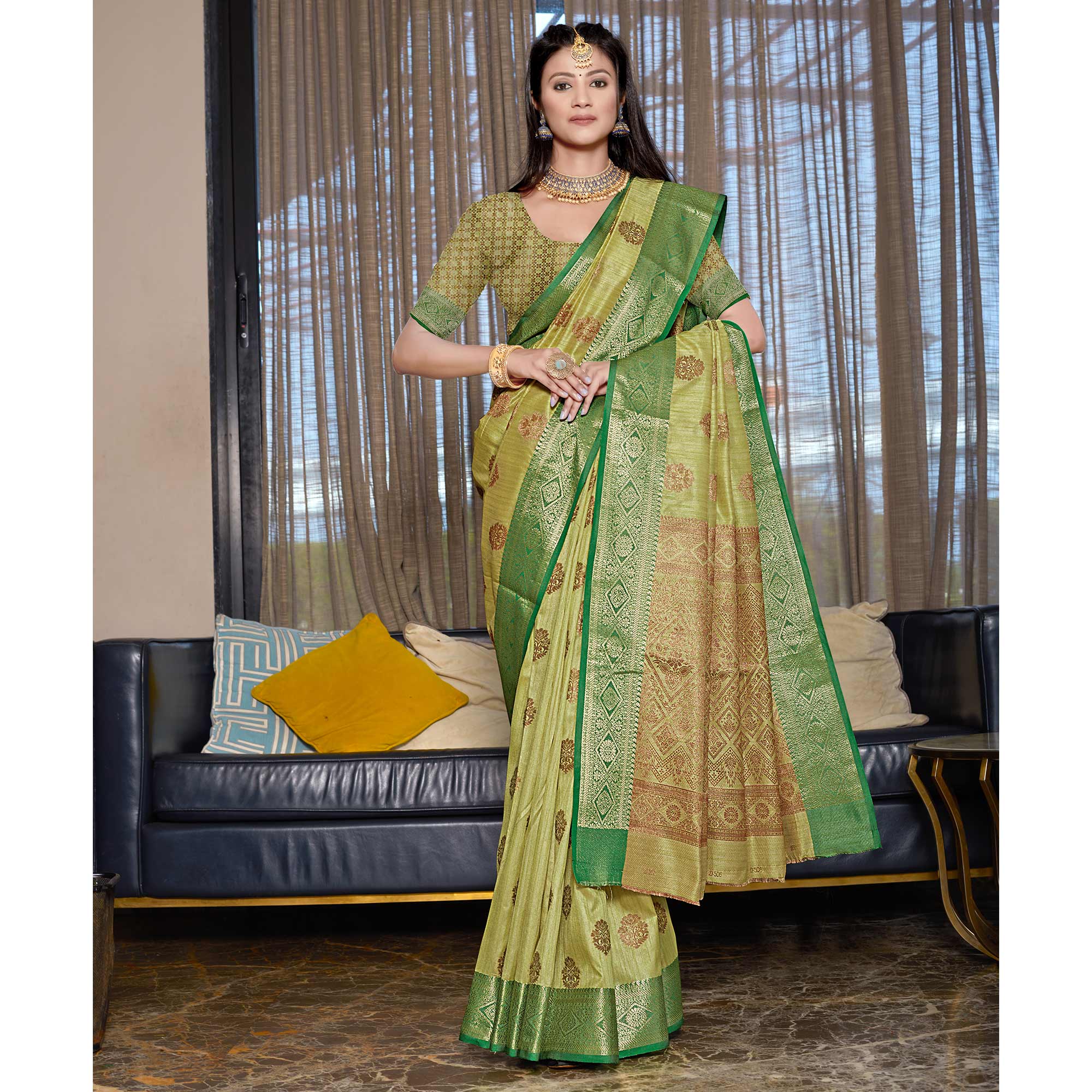 Green Floral Woven Cotton Blend Saree