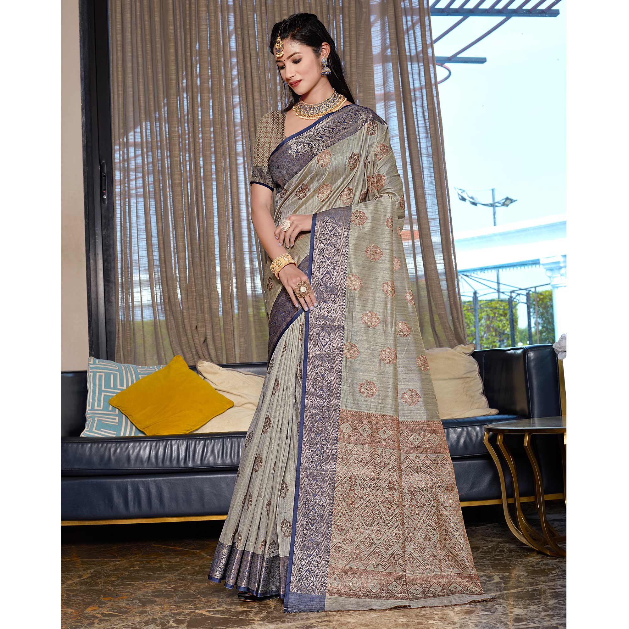 Grey Floral Woven Cotton Blend Saree