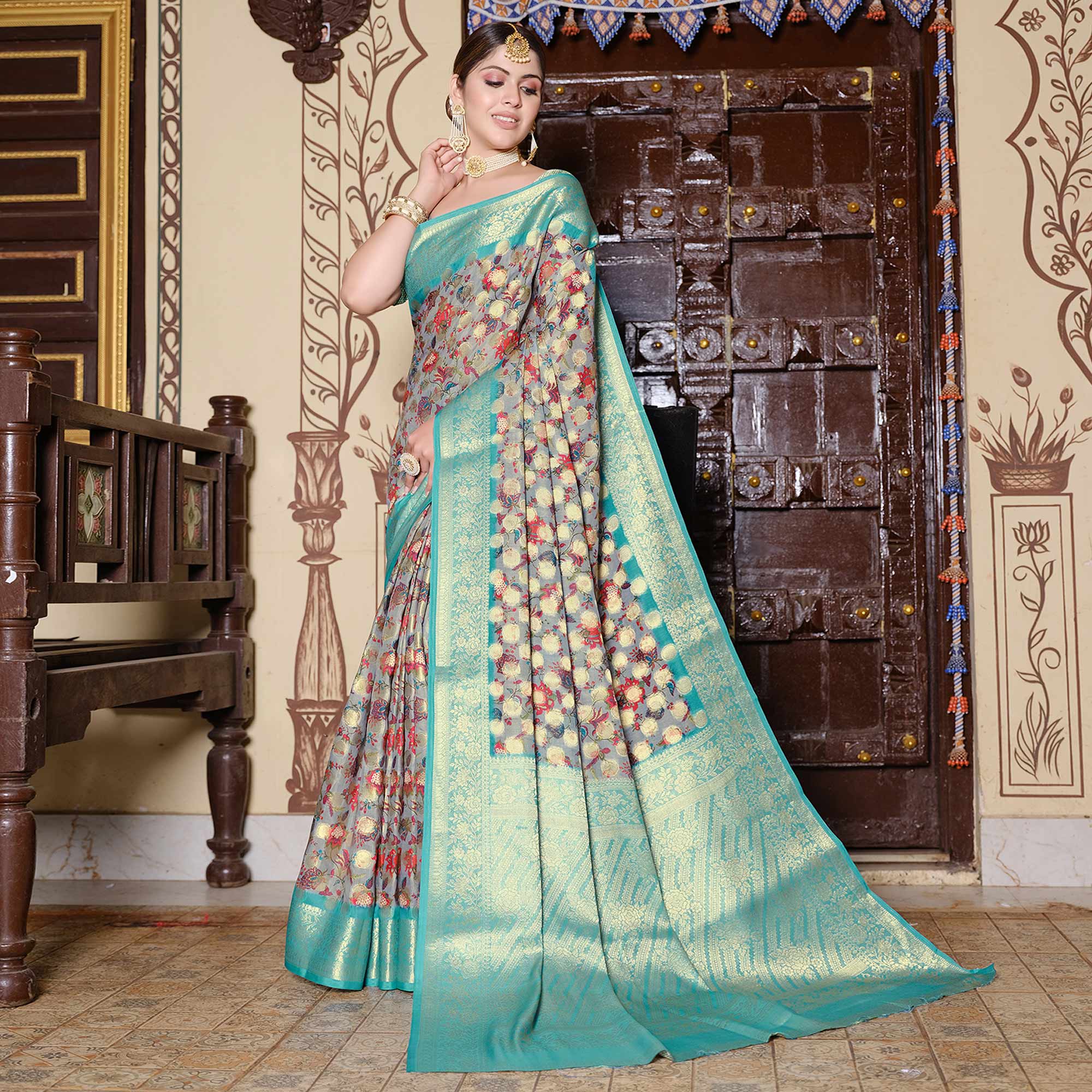 Grey & Turquoise Floral Printed Pure Cotton Saree