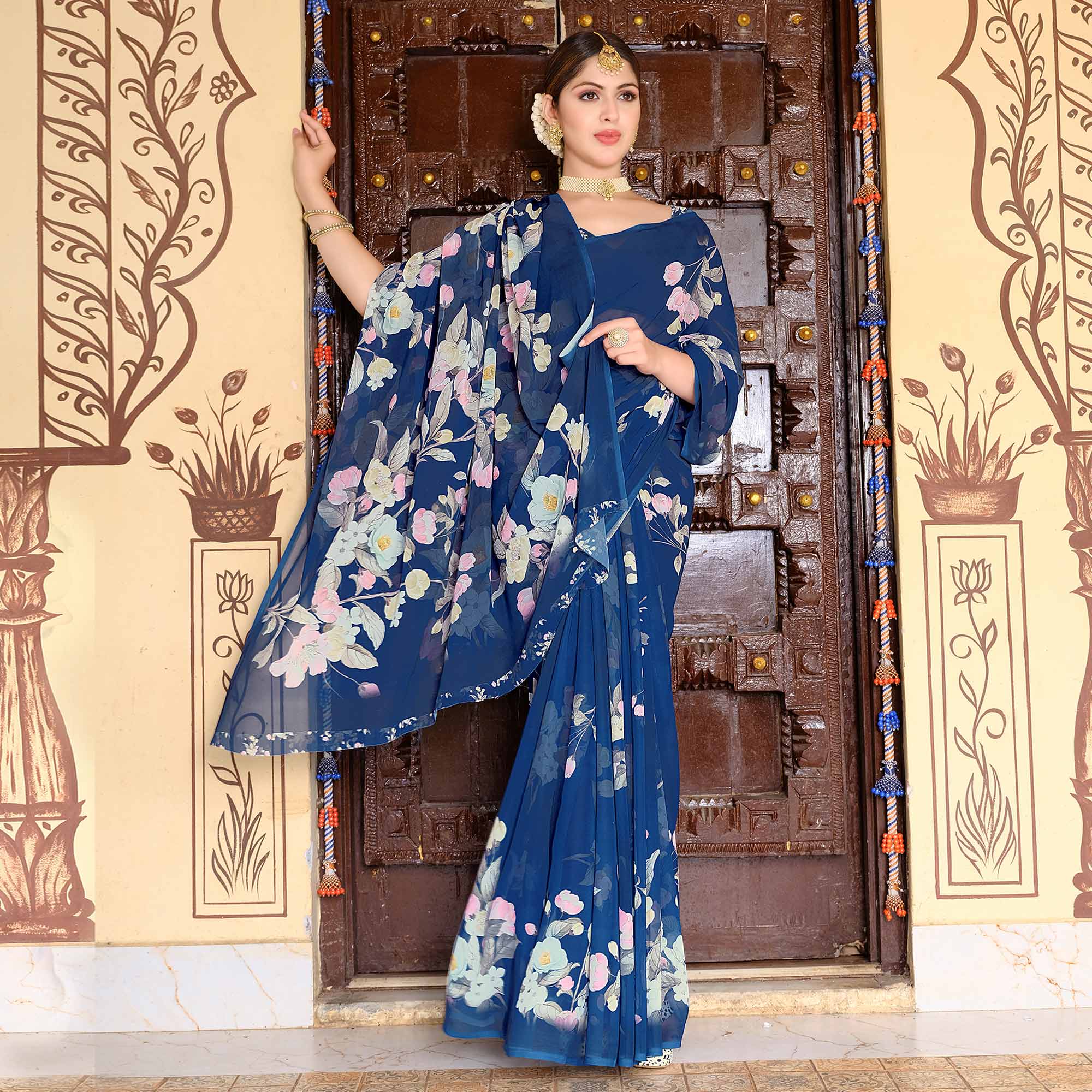 Blue Floral Digital Printed Georgette Saree