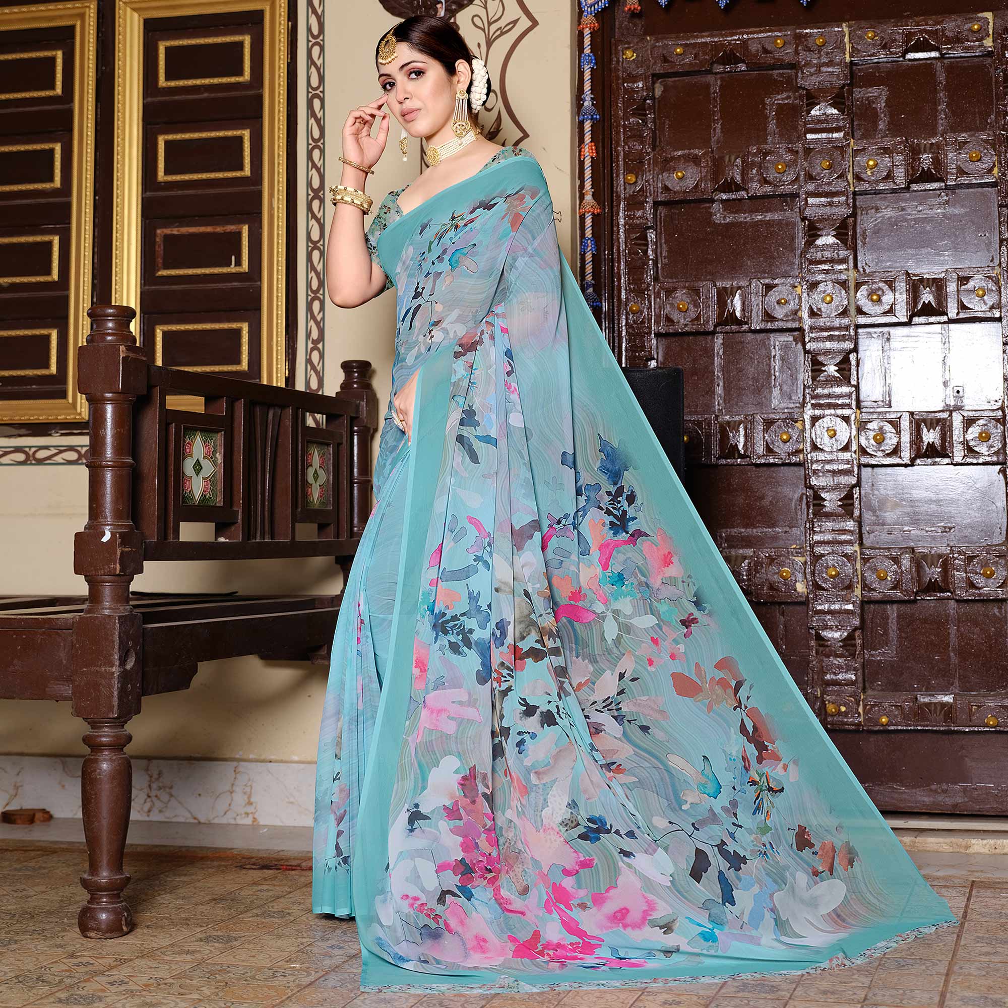 Turquoise Floral Digital Printed Georgette Saree