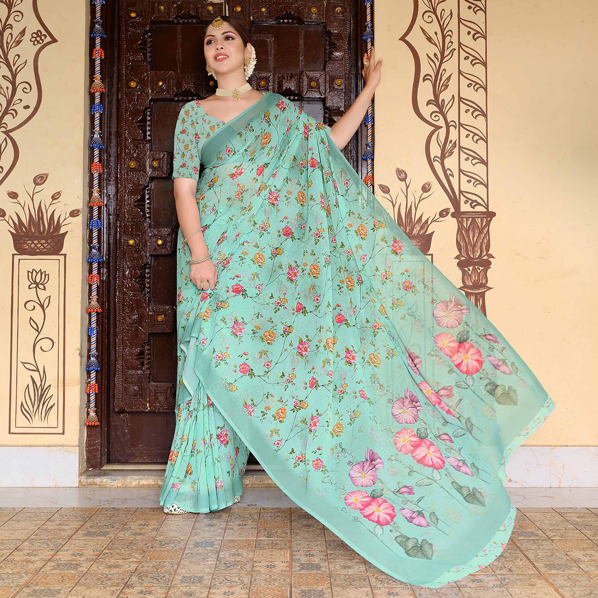 Turquoise Floral Digital Printed Georgette Saree