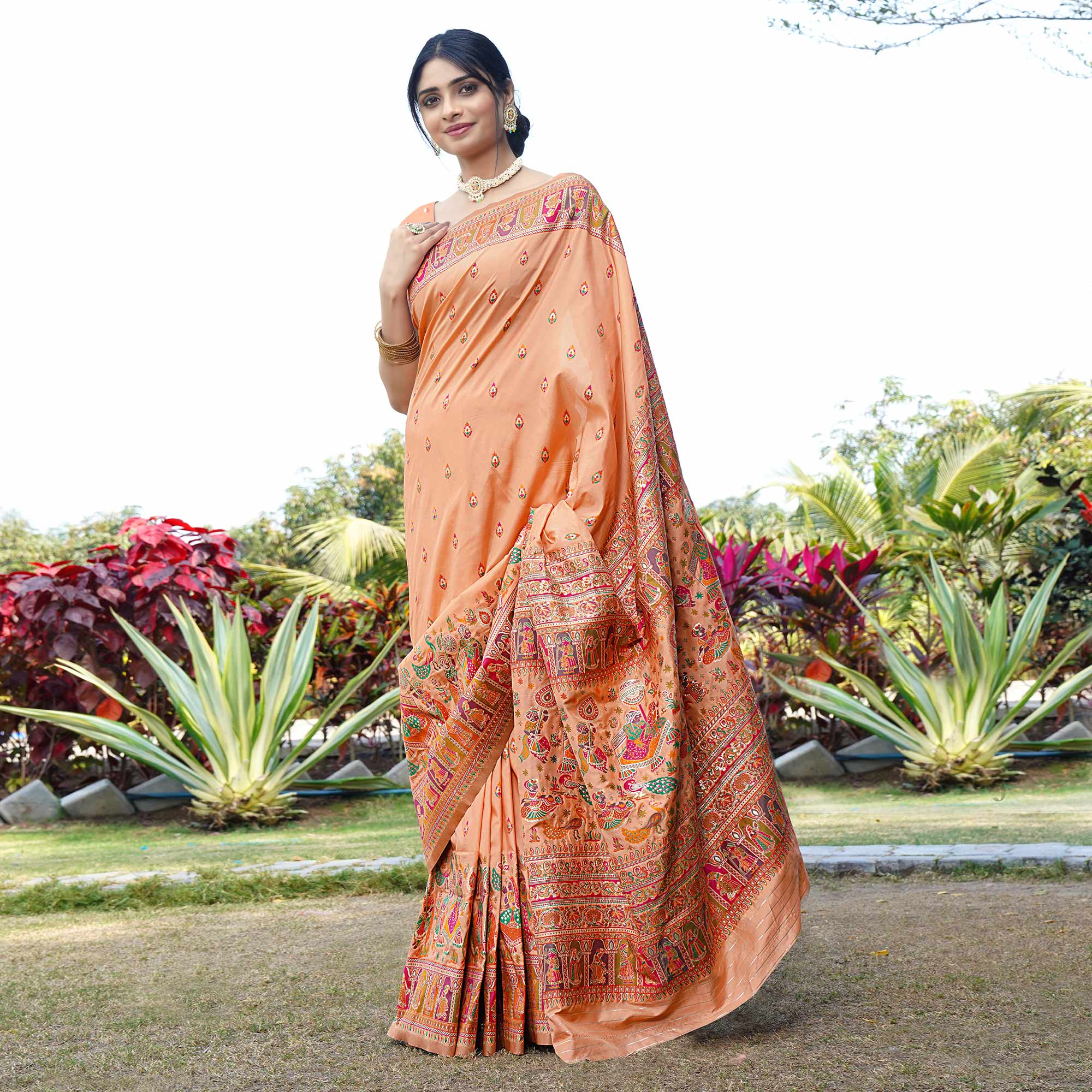 Peach Woven Pure Silk Saree