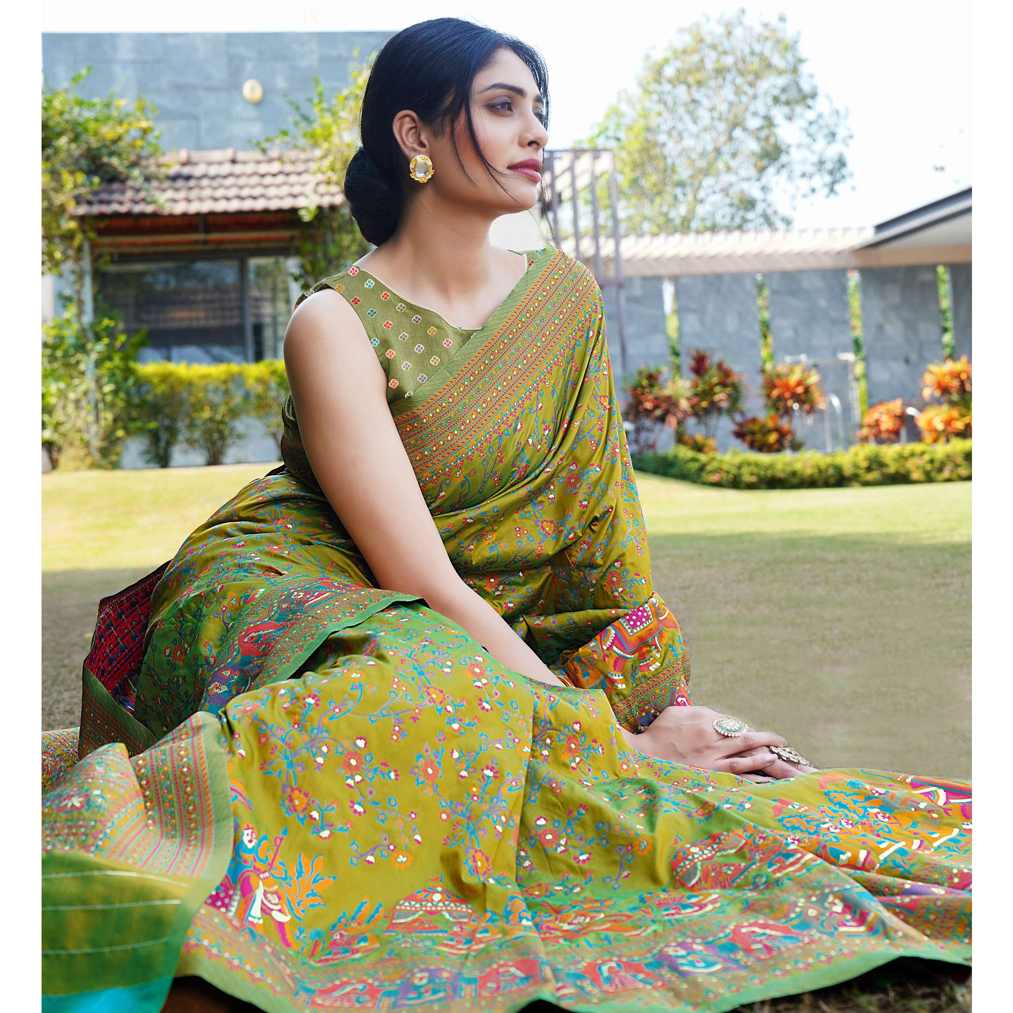 Green Floral Purple Woven Pure Silk Saree