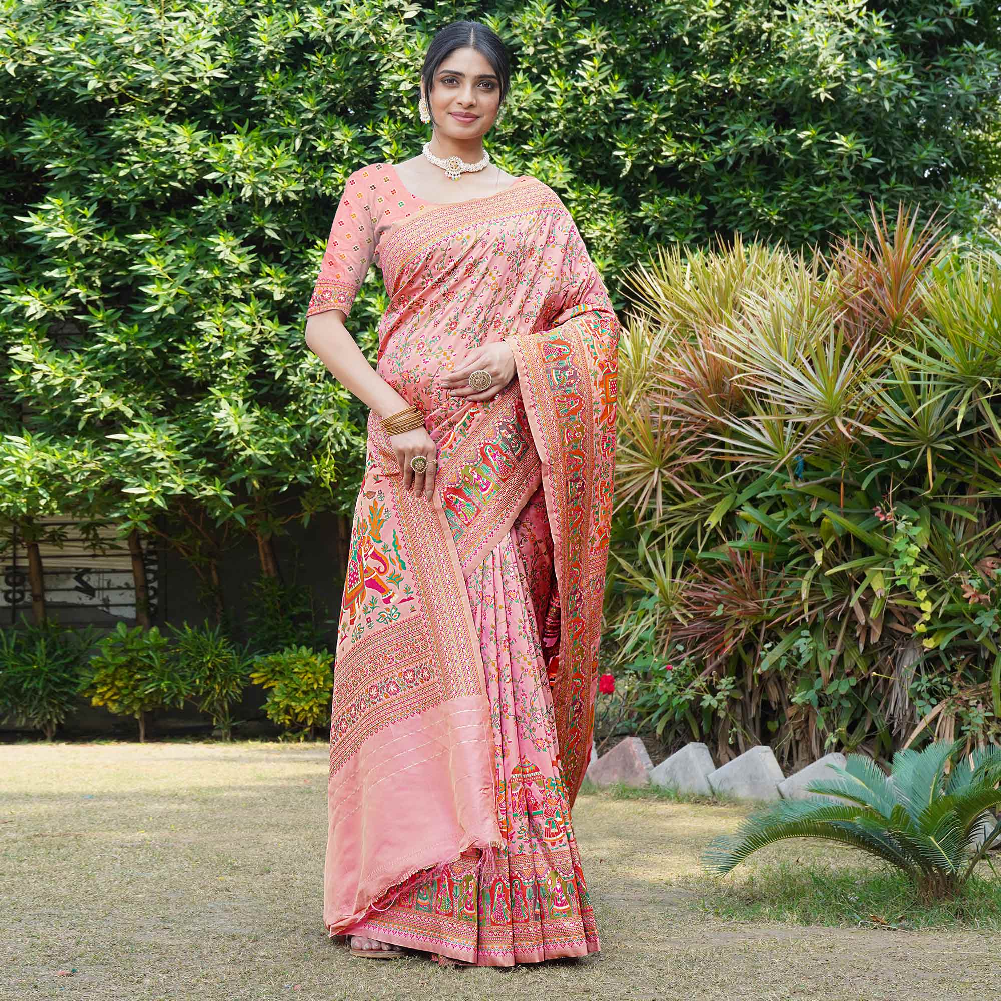 Pink Floral Purple Woven Pure Silk Saree