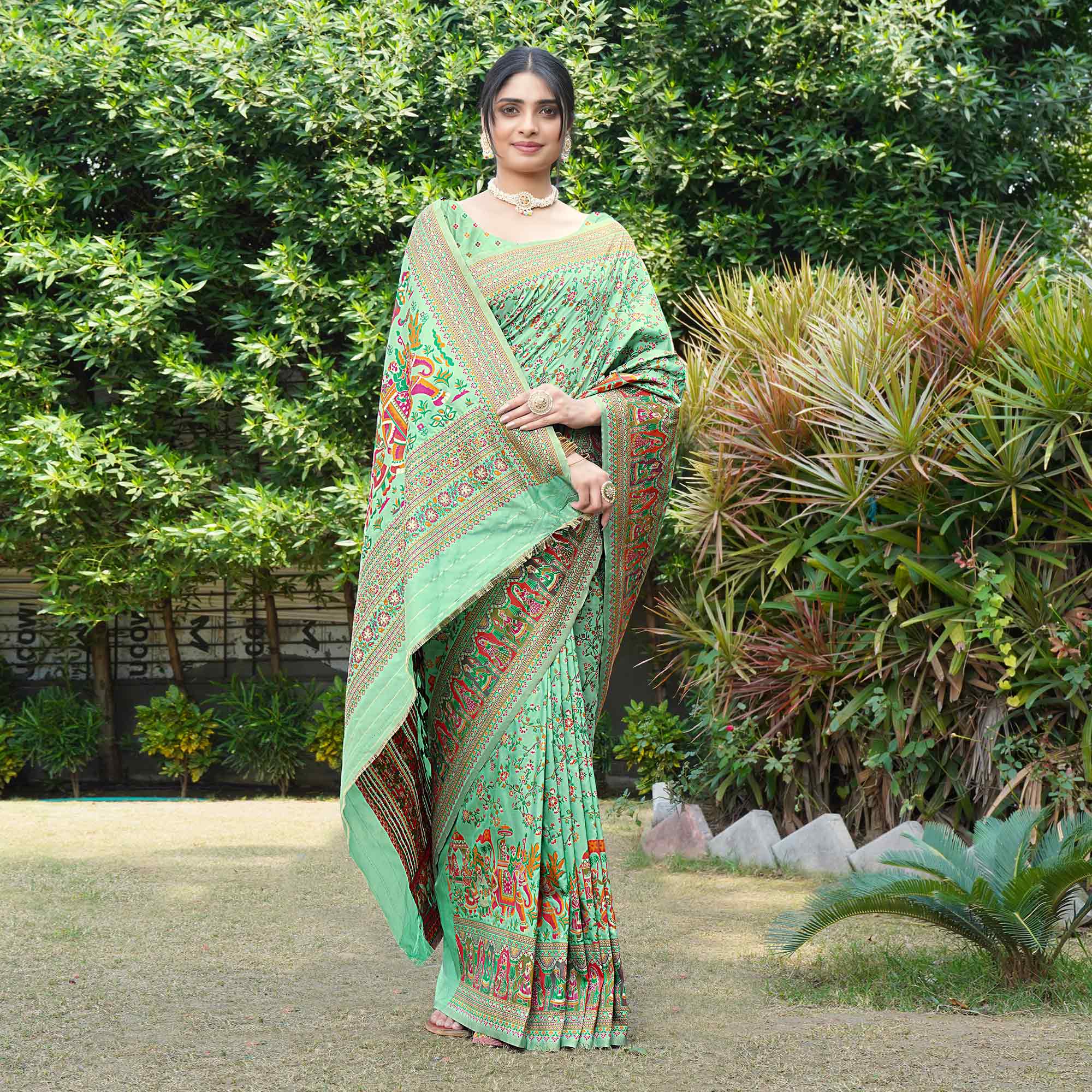 Sea Green Floral Purple Woven Pure Silk Saree