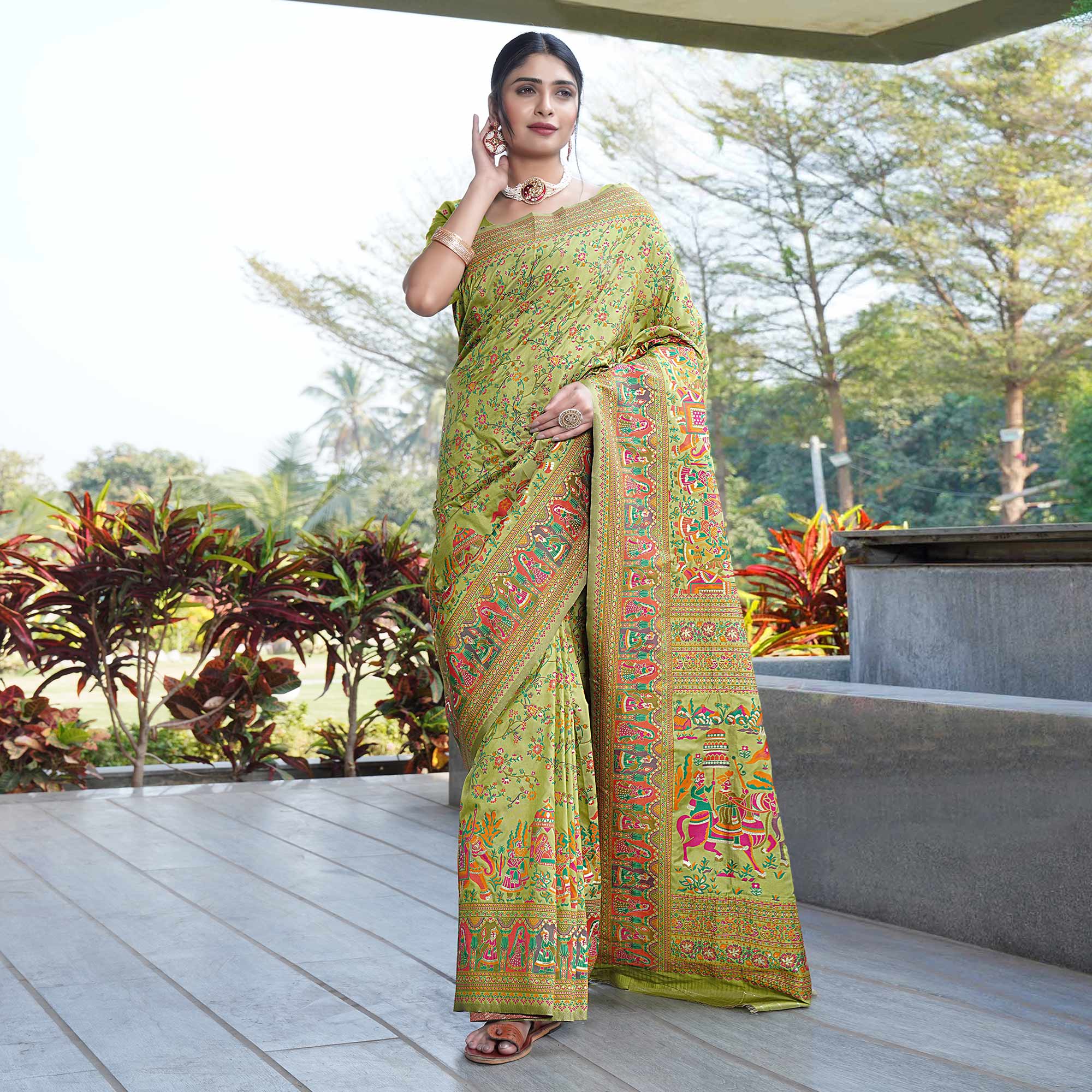 Pista Green Floral Purple Woven Pure Silk Saree