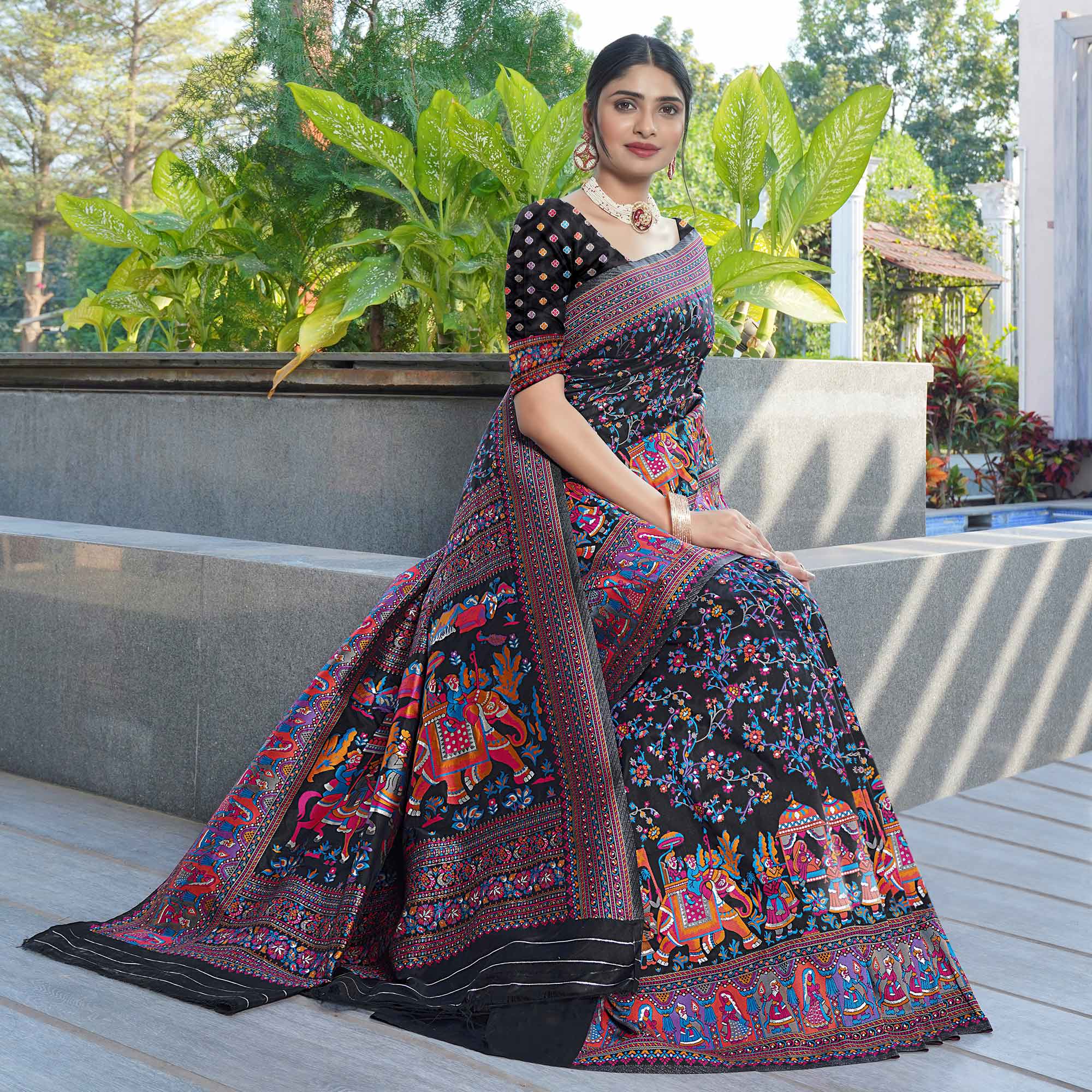 Black Floral Purple Woven Pure Silk Saree