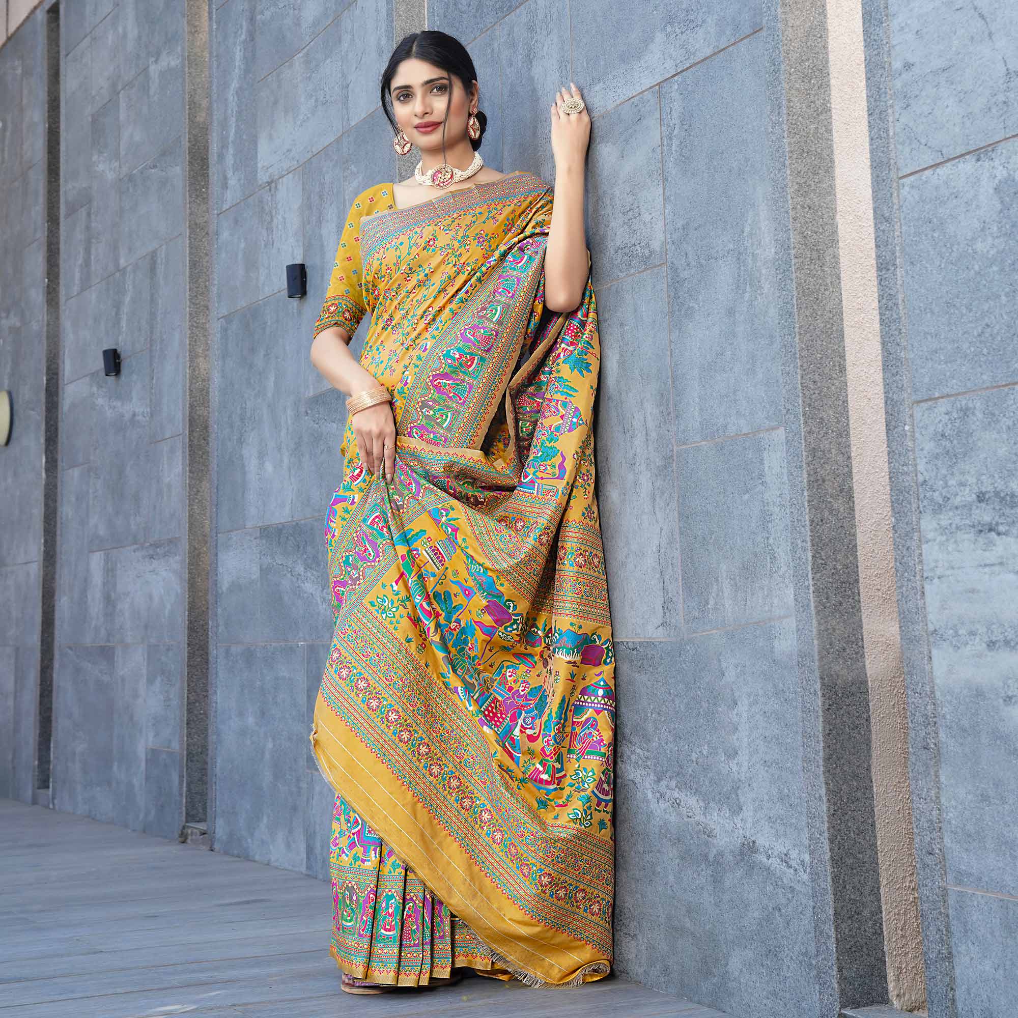 Mustard Floral Purple Woven Pure Silk Saree