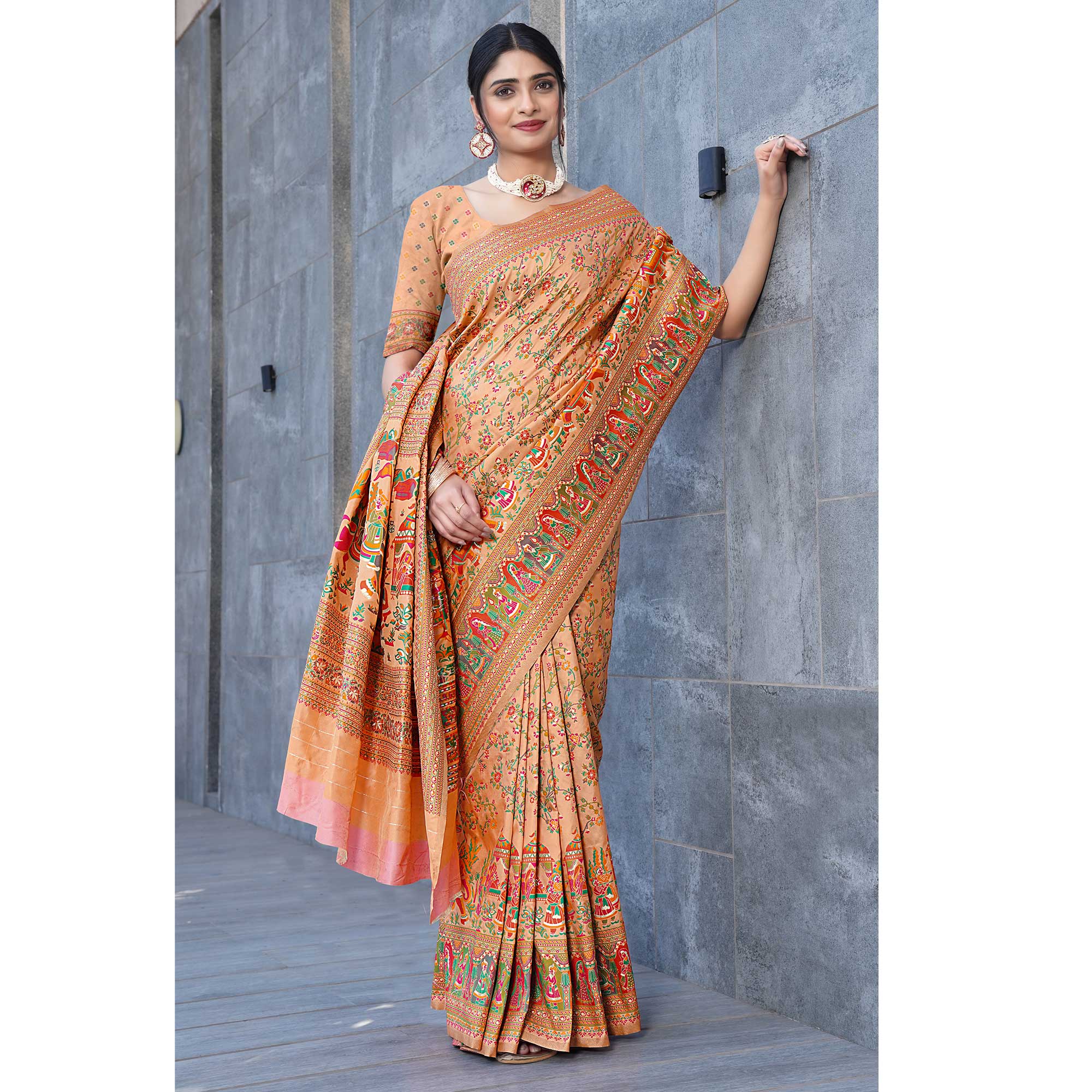 Peach Floral Purple Woven Pure Silk Saree