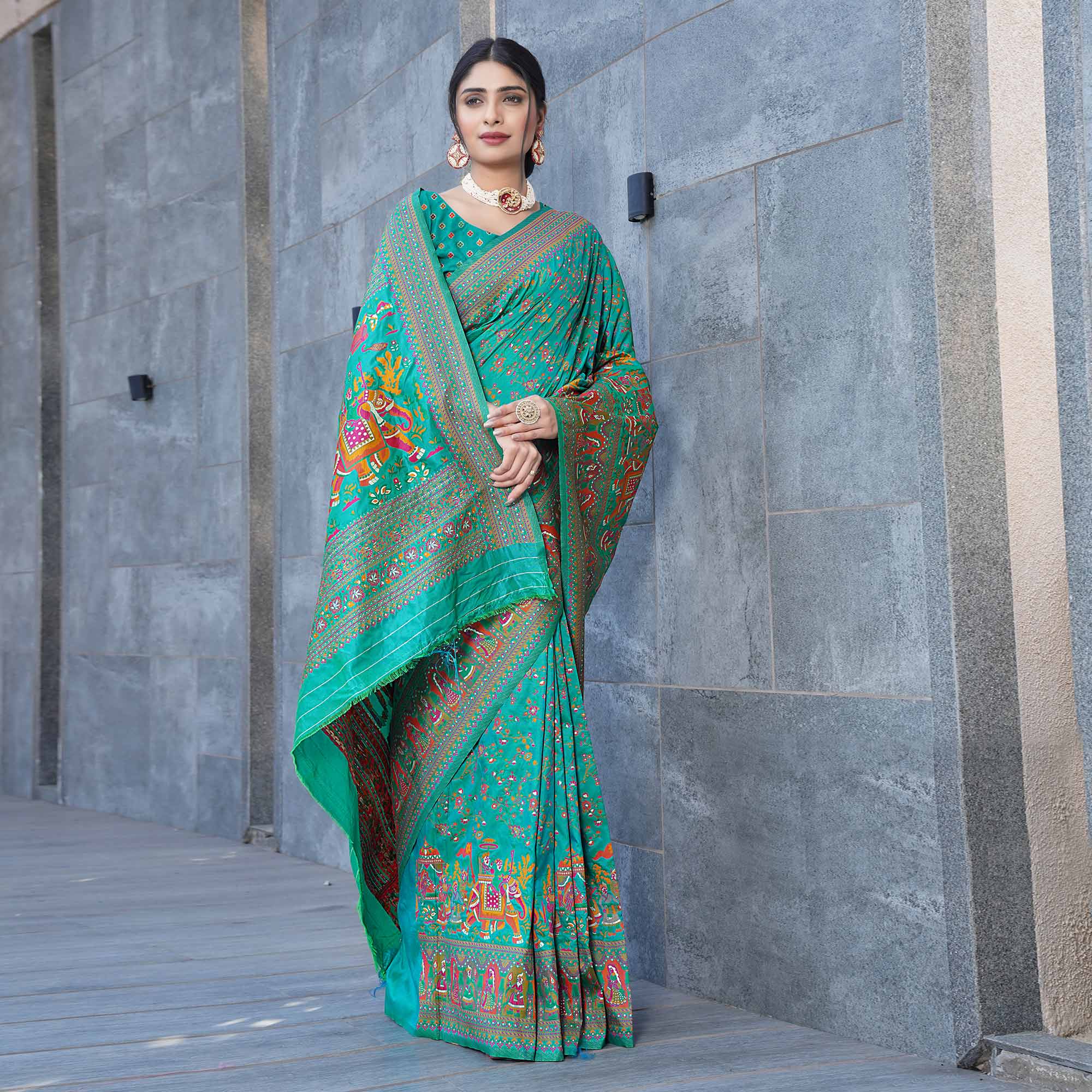 Rama Green Floral Purple Woven Pure Silk Saree