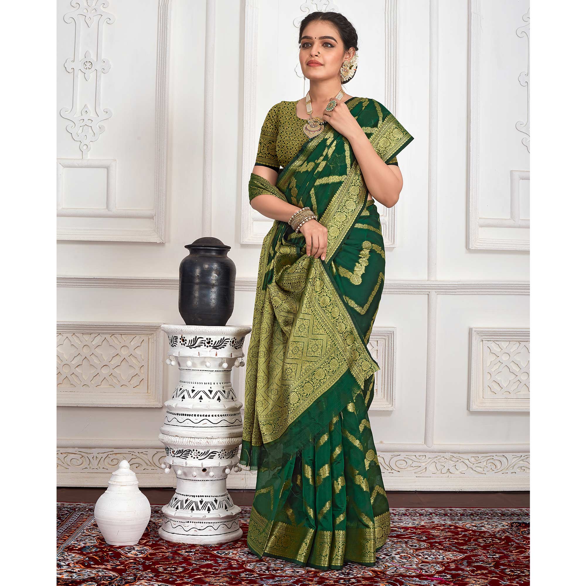 Green Floral Woven Organza Saree