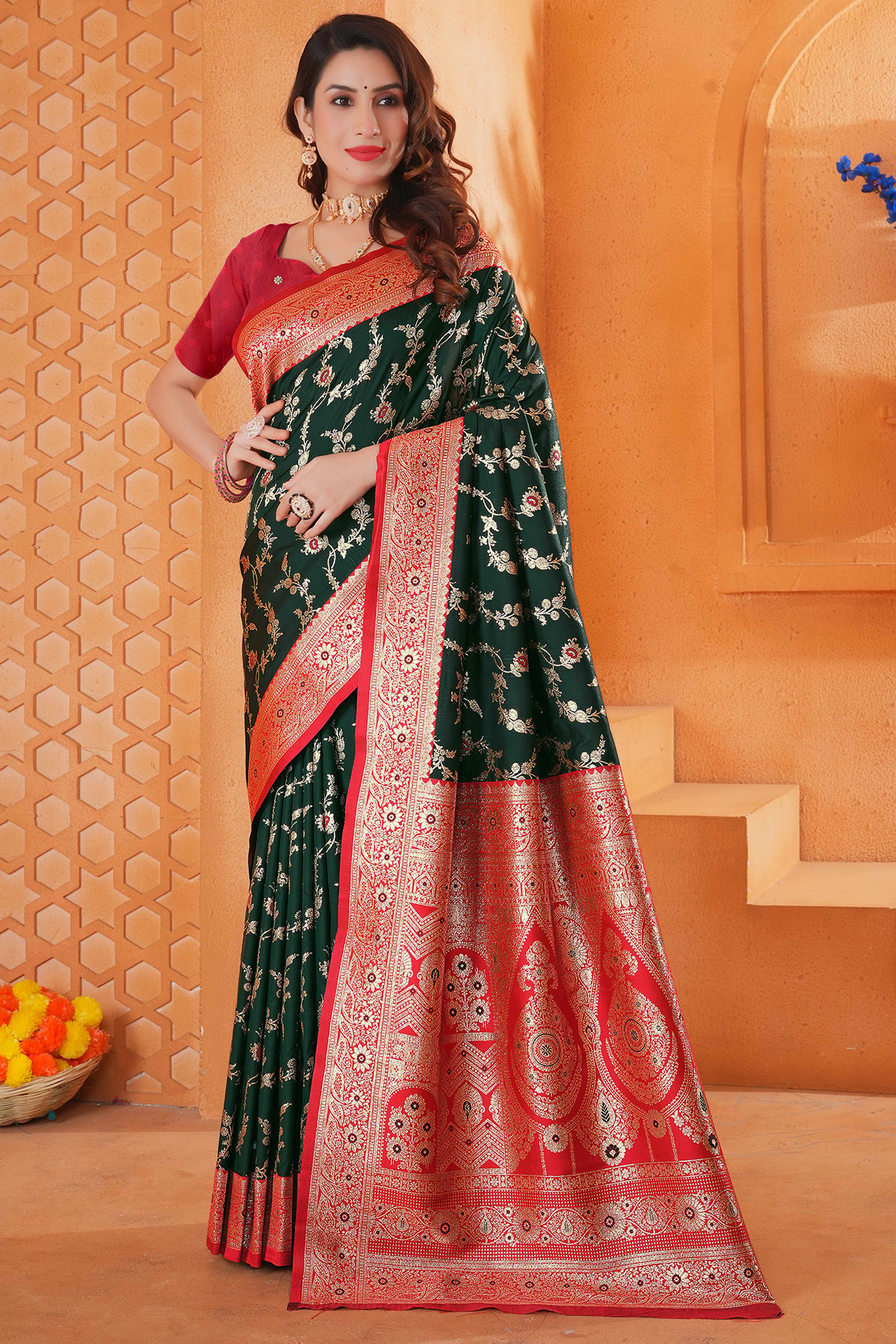 Dark Green Art Silk Saree With Intricate Floral Banarasi Zari Weaving
