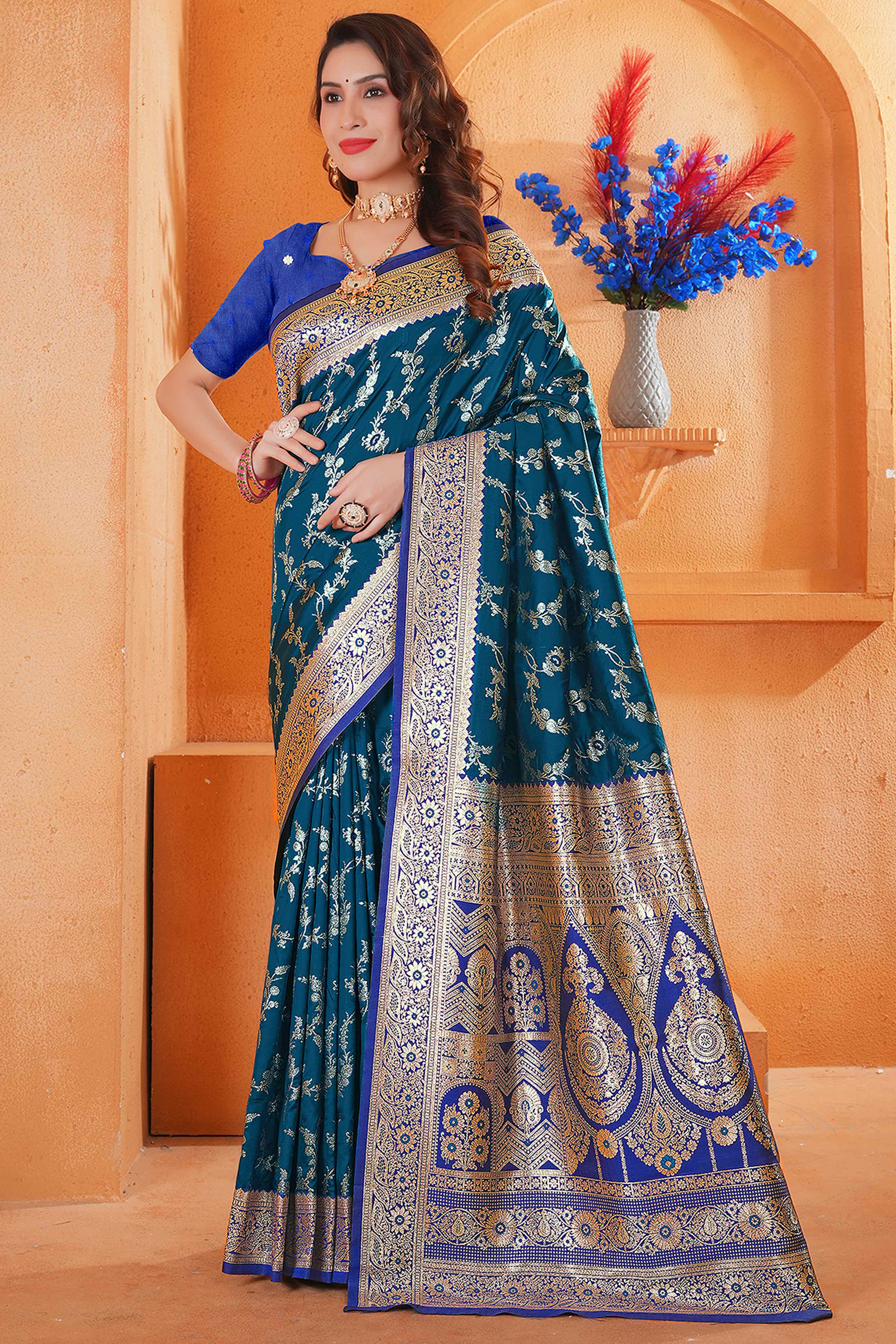 Teal Art Silk Saree With Intricate Floral Banarasi Zari Weaving