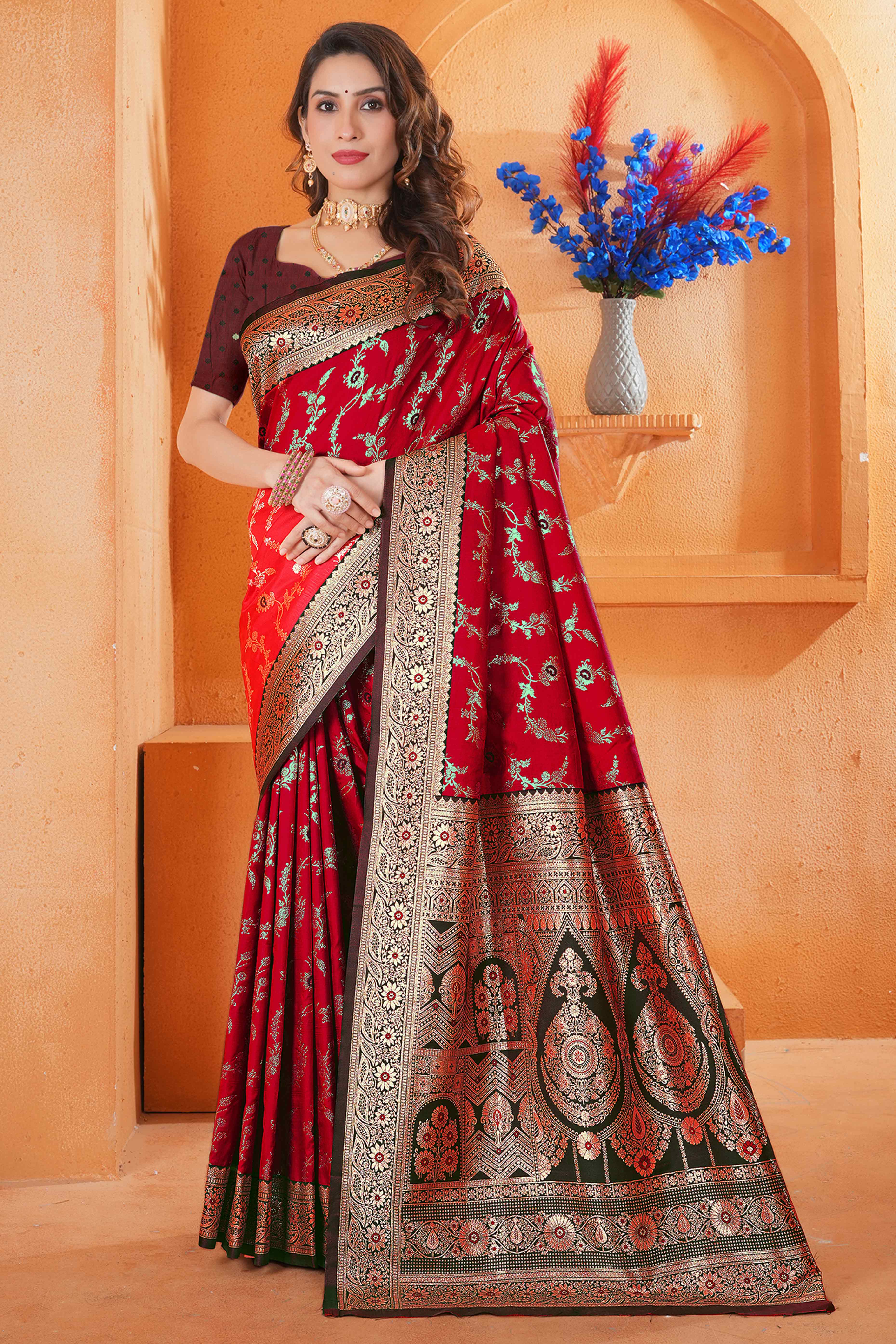 Red Art Silk Saree With Intricate Floral Banarasi Zari Weaving