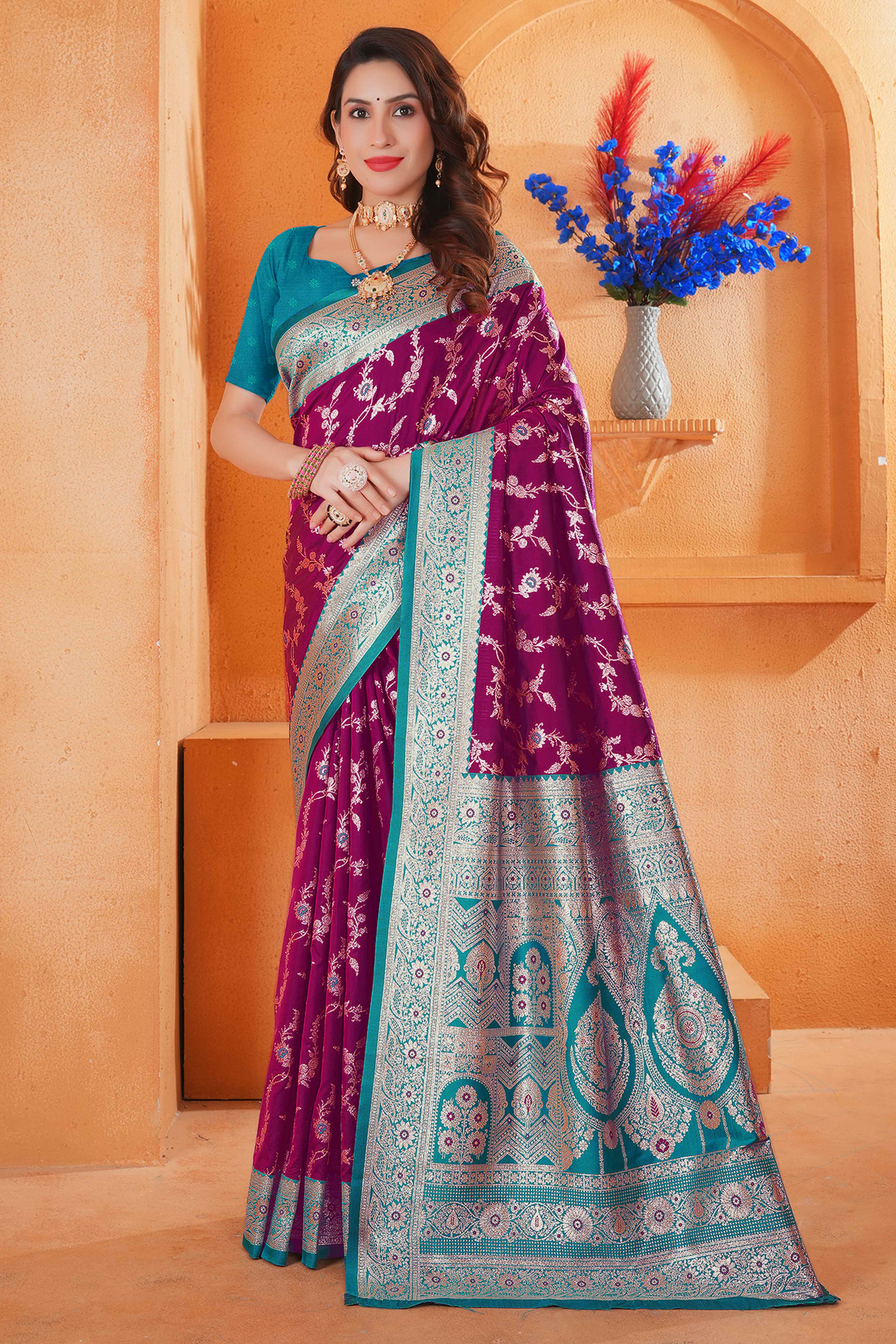 Dark Magenta Art Silk Saree With Intricate Floral Banarasi Zari Weaving