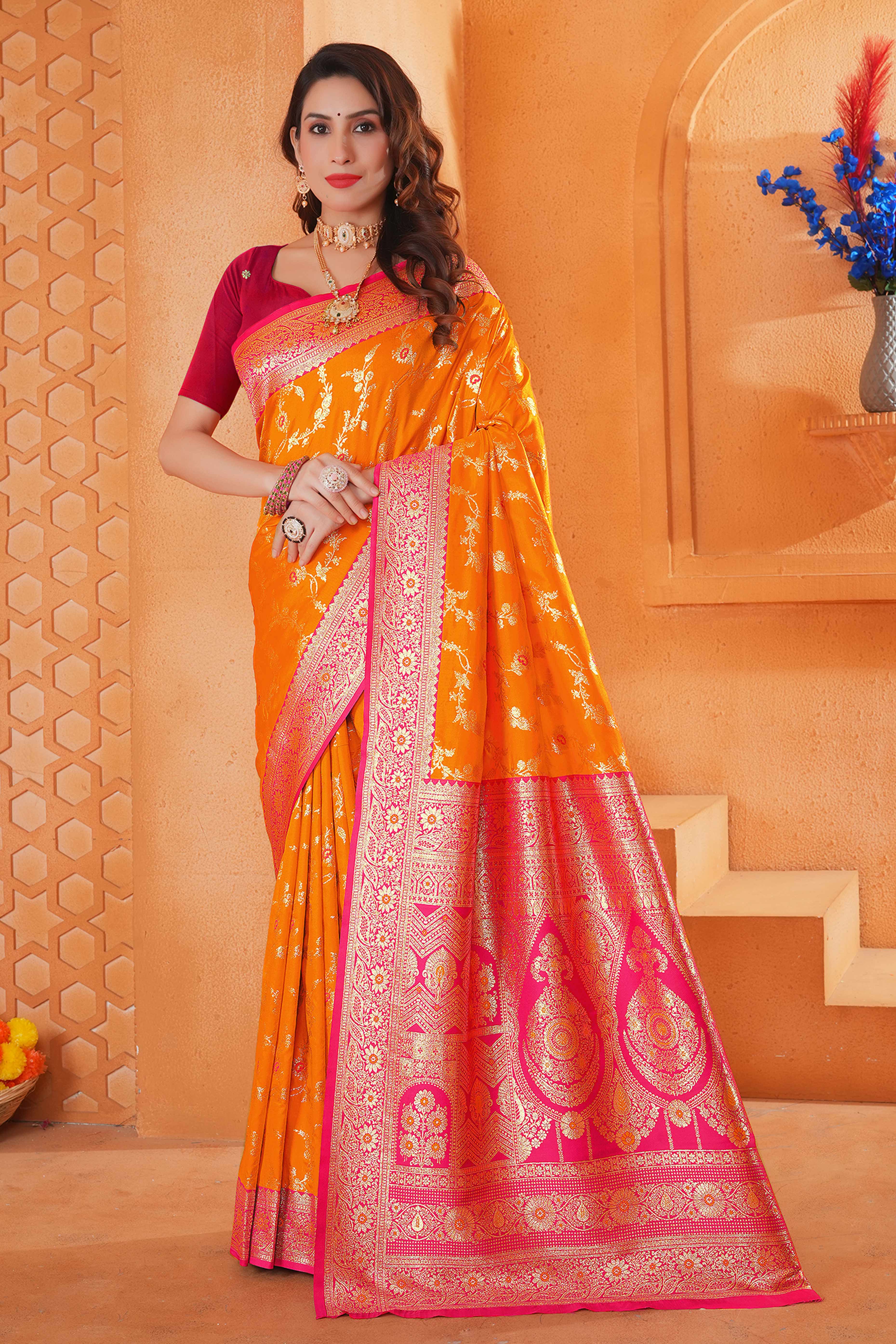 Orange Art Silk Saree With Intricate Floral Banarasi Zari Weaving