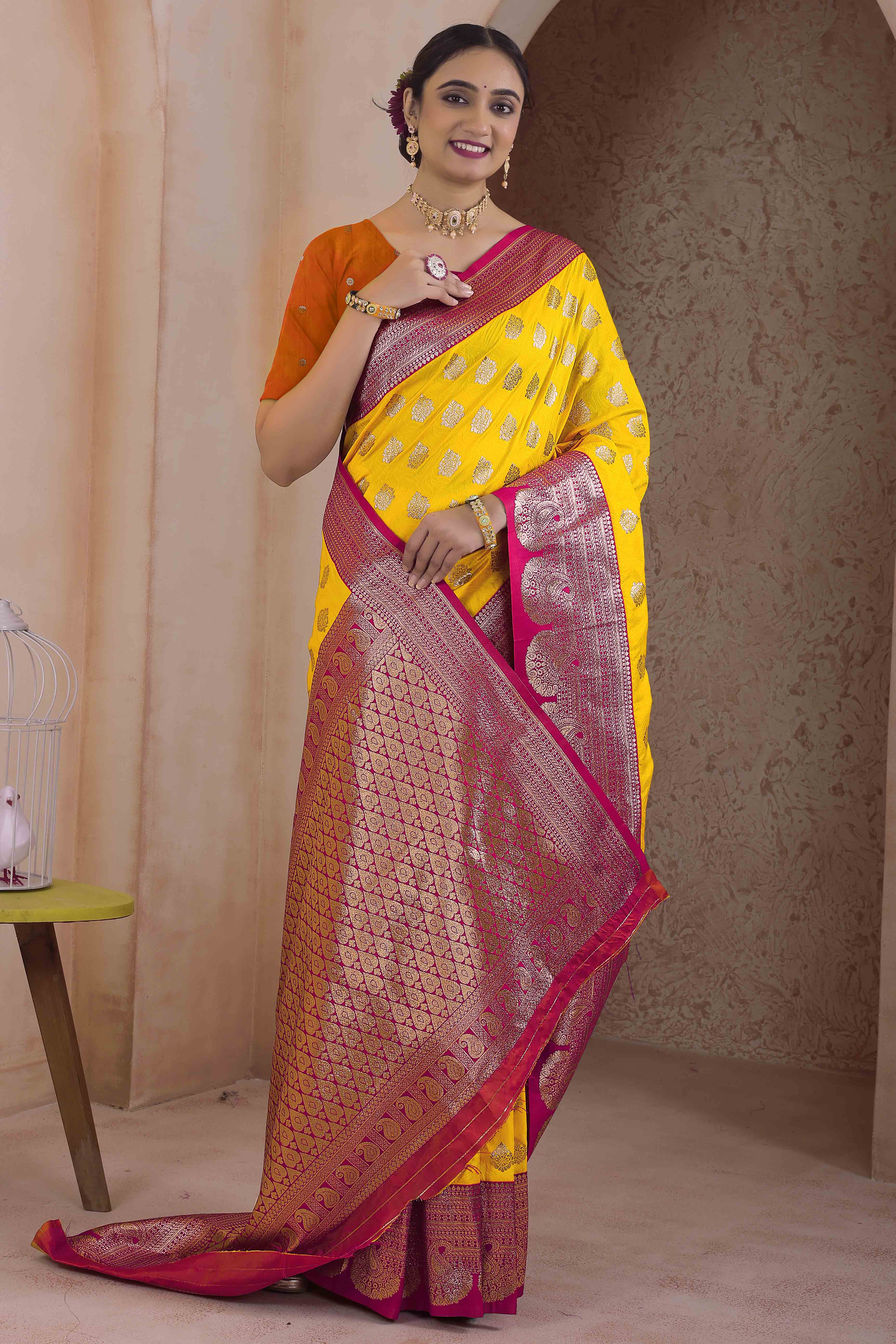 Sophisticated Zari Woven Yellow Art Silk Saree Accented With A Heritage Banarasi Pallu