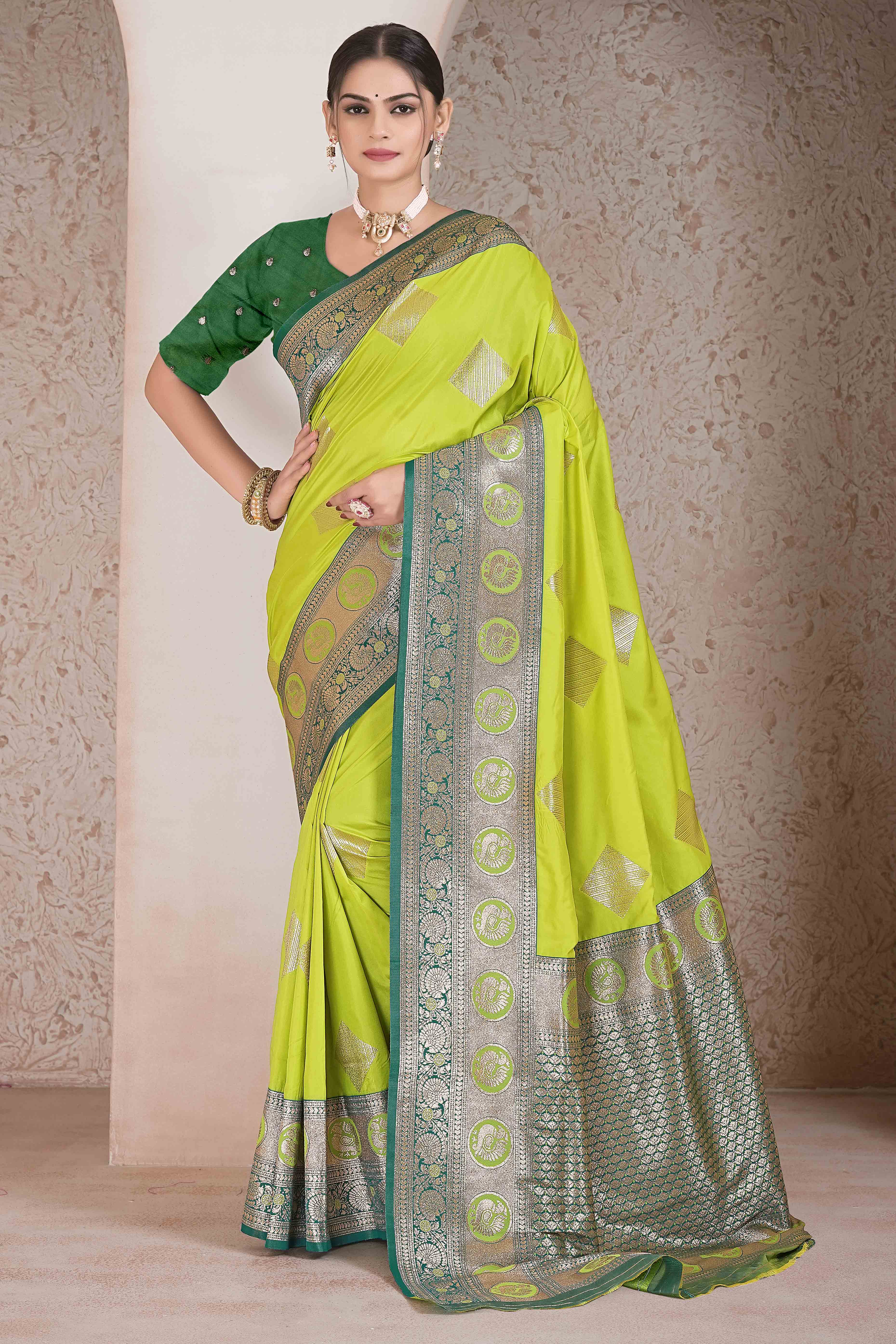 Parrot Green Zari Woven Art Silk Saree With Opulent Banarasi Pallu Work