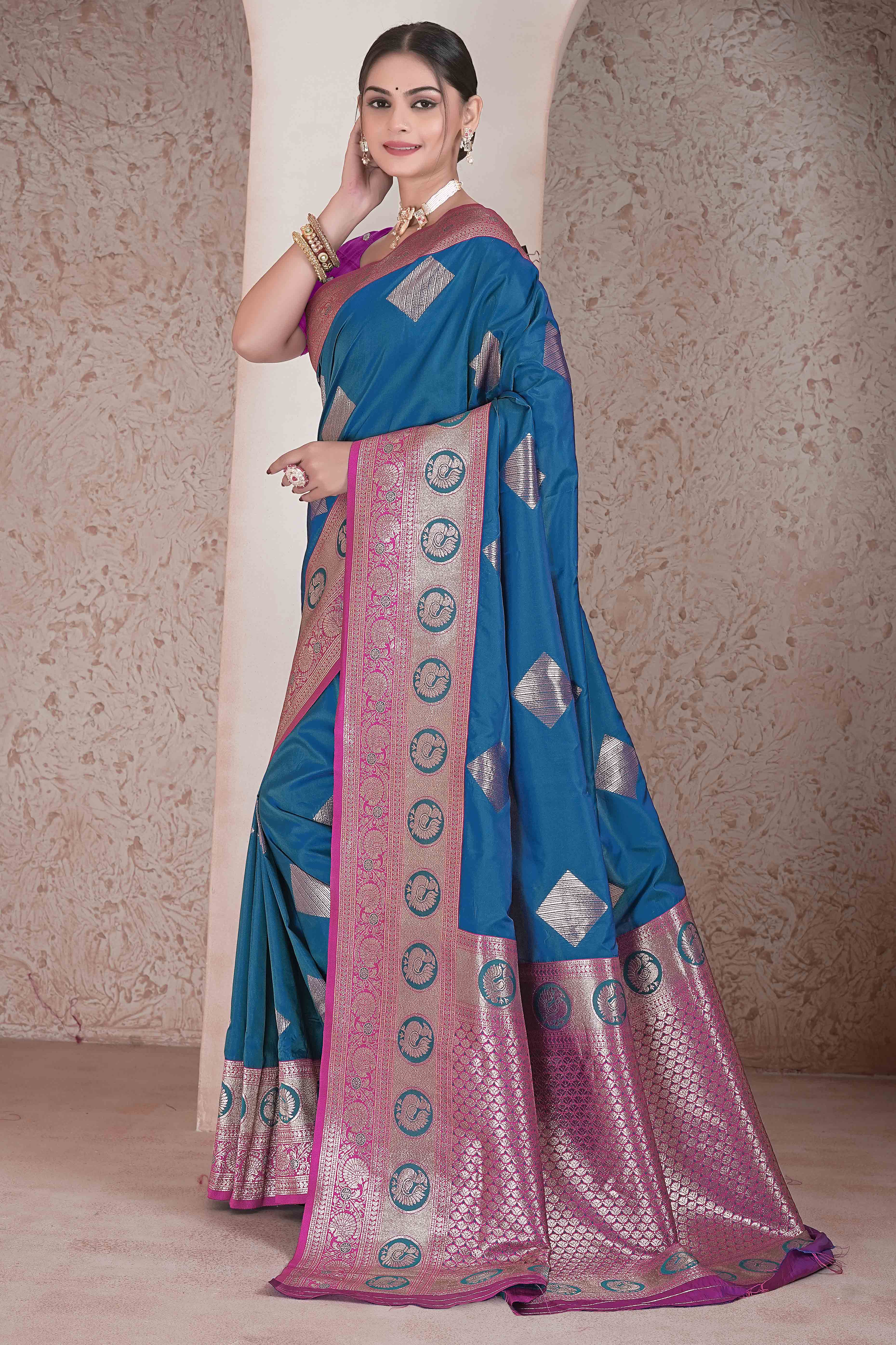 Blue Zari Woven Art Silk Saree With Opulent Banarasi Pallu Work