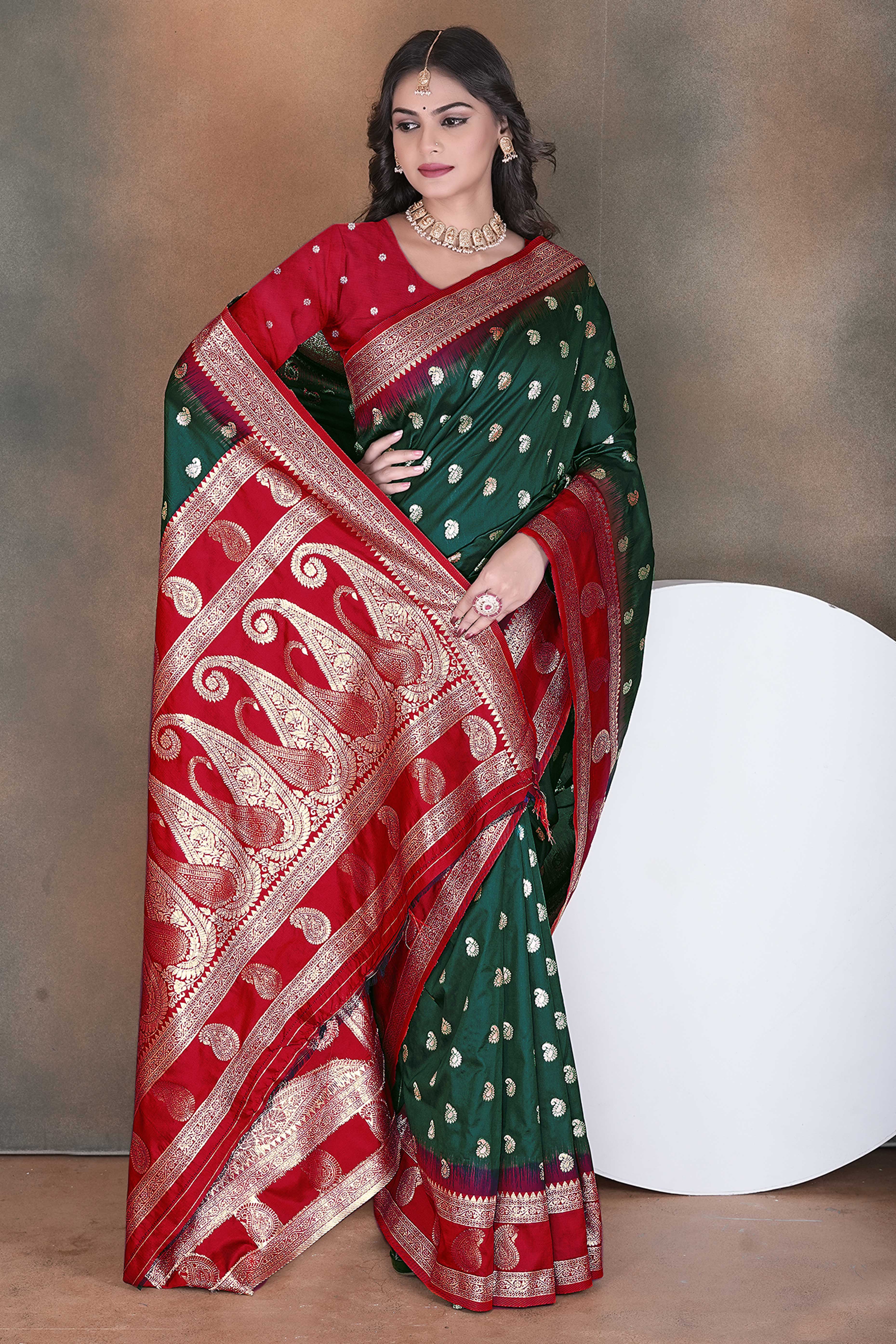 Bottle Green Art Silk Saree Adorned With Zari Woven Paisley Motifs & Rich Banarasi Pallu