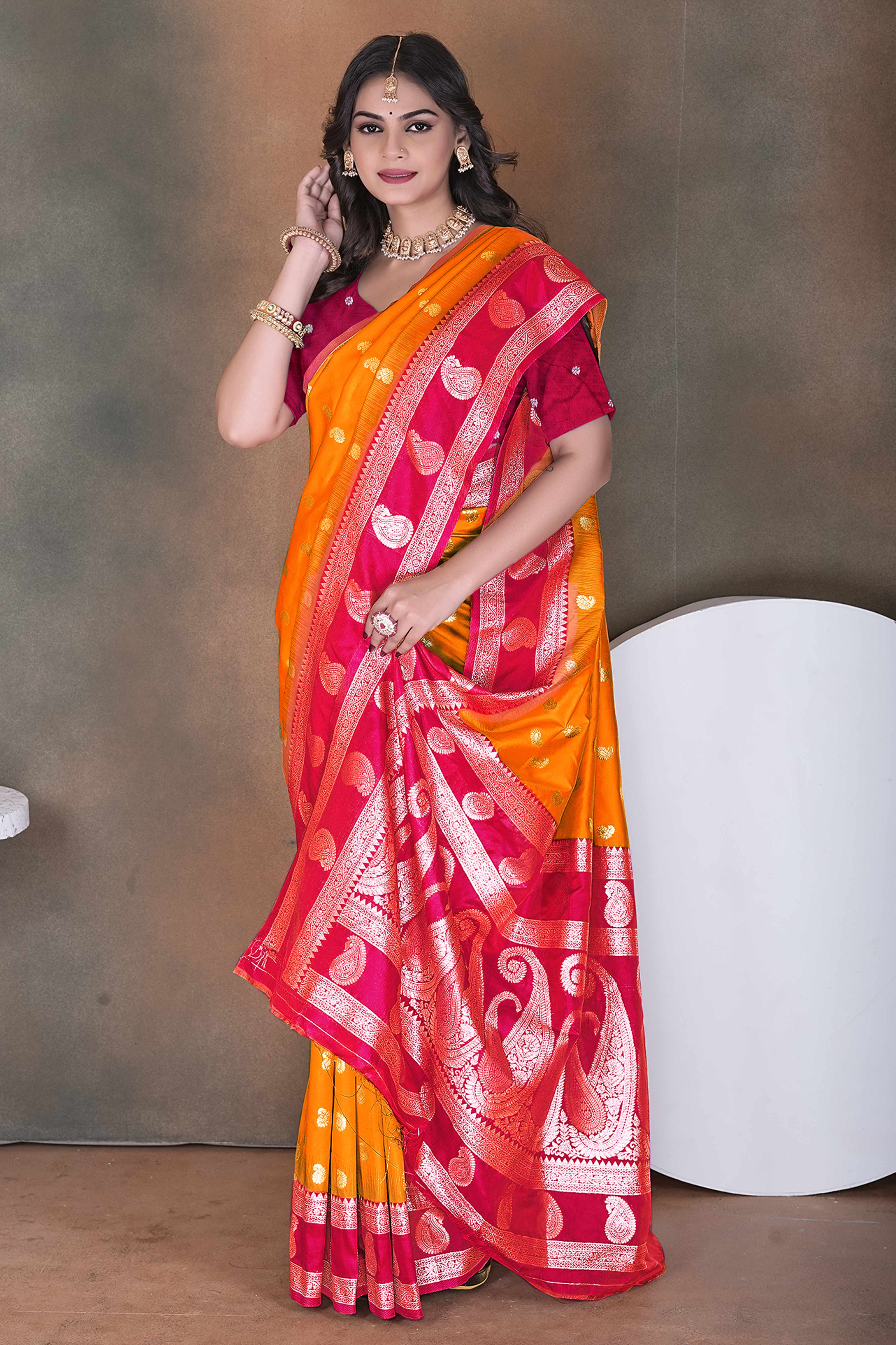 Orange Art Silk Saree Adorned With Zari Woven Paisley Motifs & Rich Banarasi Pallu